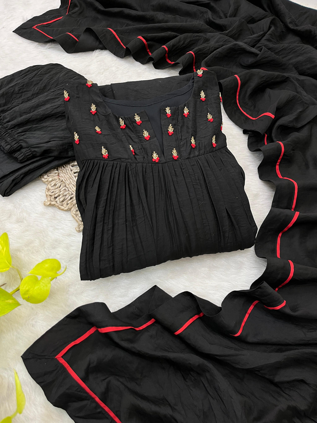 Winsome Black Viscose Chanderi Handworkd Anarkali Pant Suit - Ethnicwish