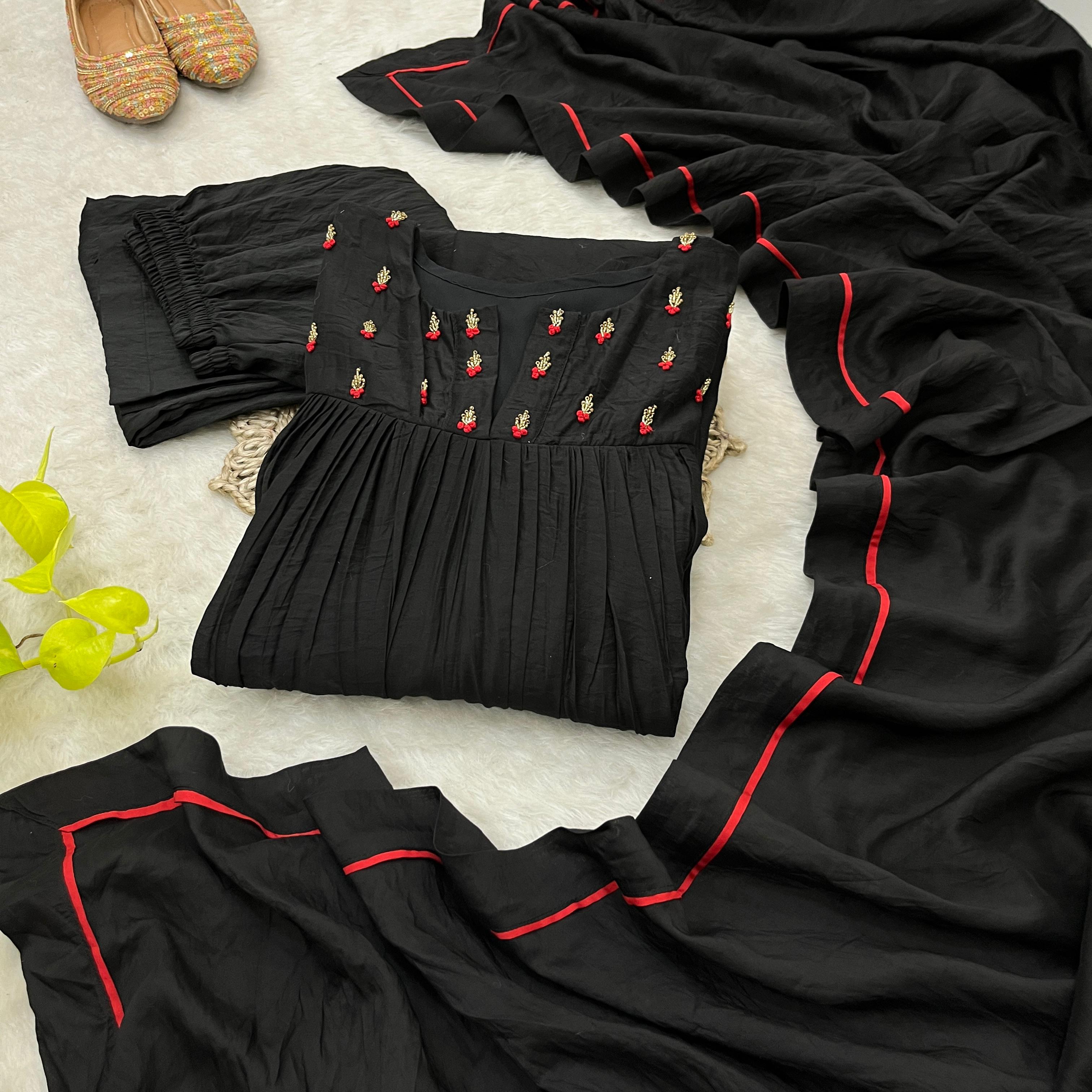 Winsome Black Viscose Chanderi Handworkd Anarkali Pant Suit - Ethnicwish