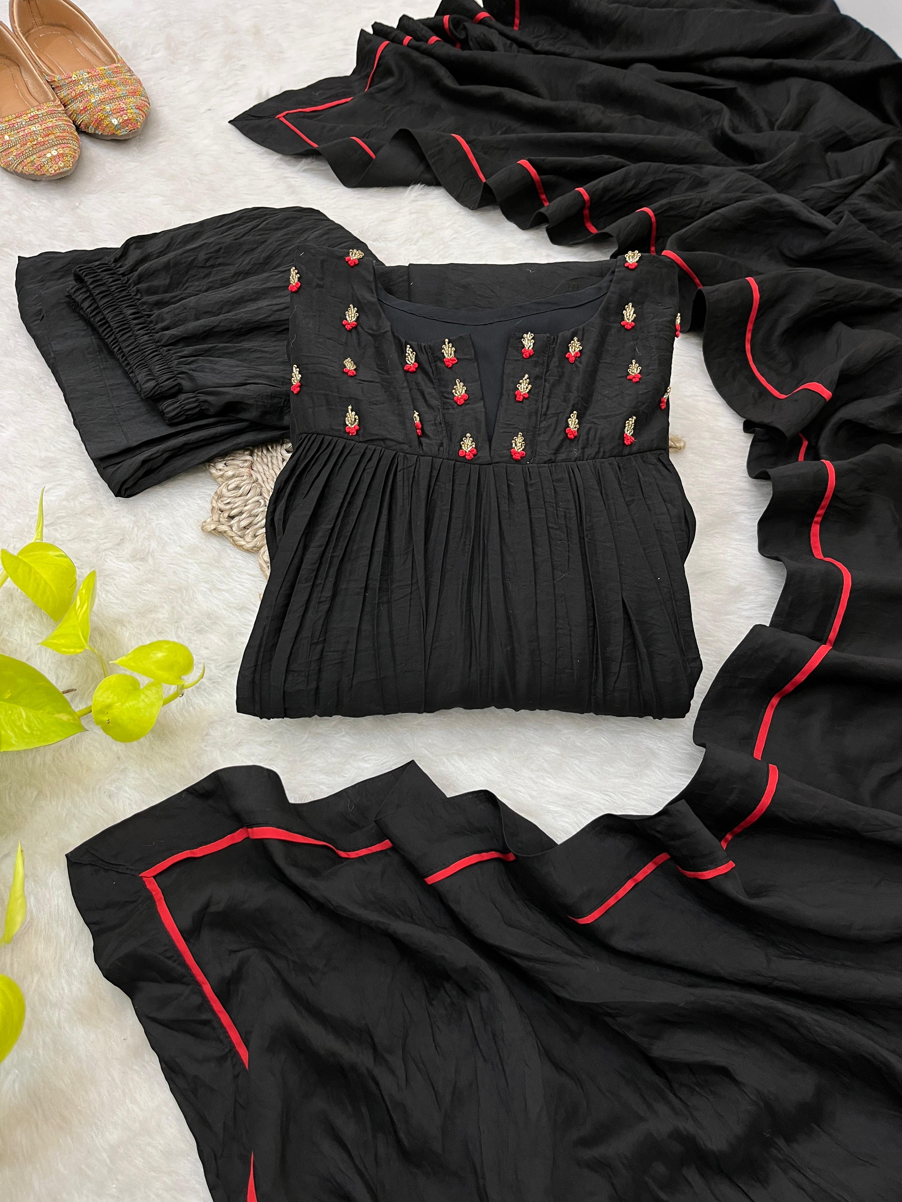 Winsome Black Viscose Chanderi Handworkd Anarkali Pant Suit - Ethnicwish