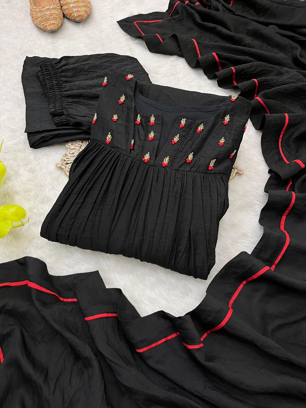 Winsome Black Viscose Chanderi Handworkd Anarkali Pant Suit - Ethnicwish