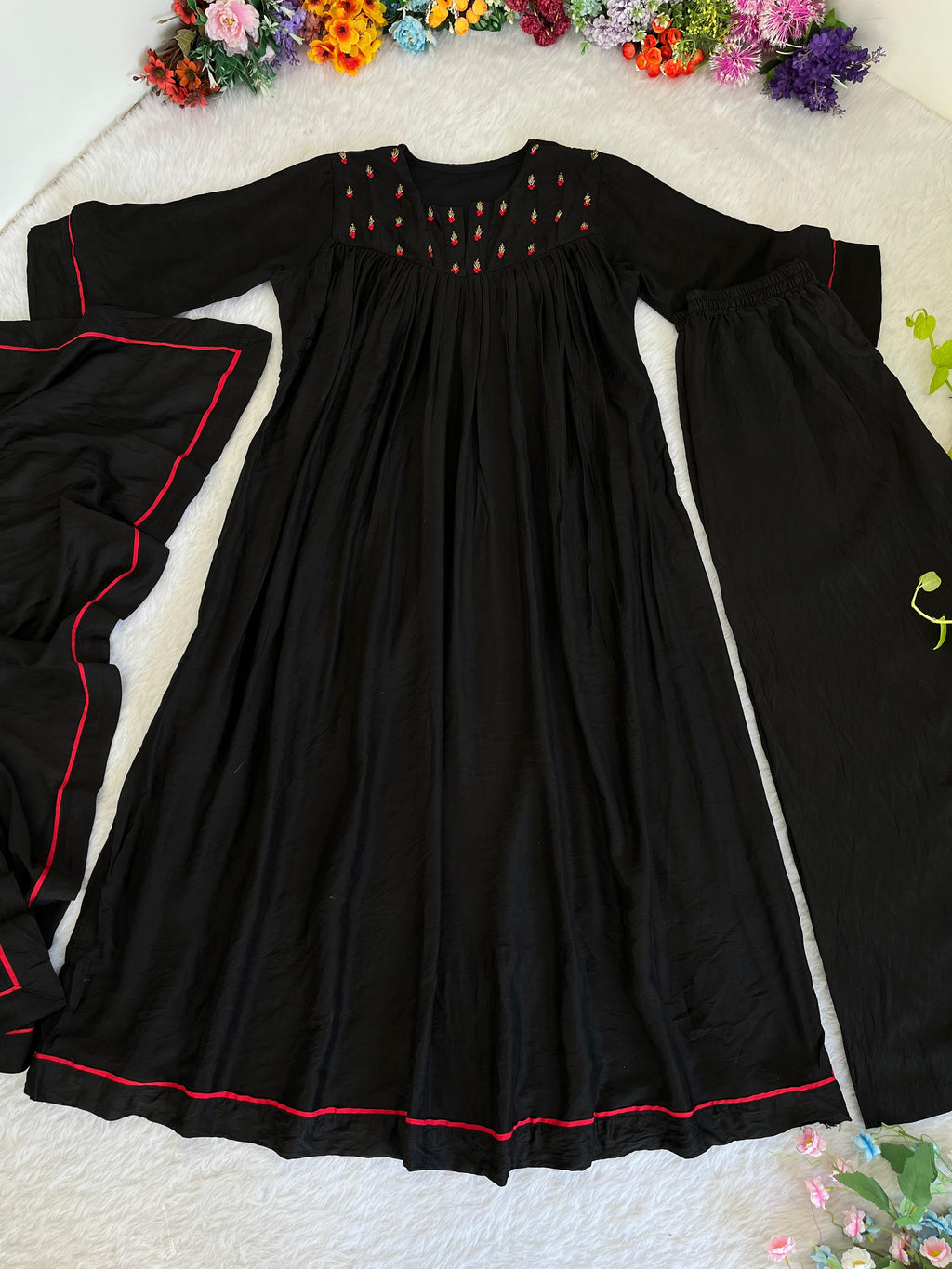 Winsome Black Viscose Chanderi Handworkd Anarkali Pant Suit - Ethnicwish