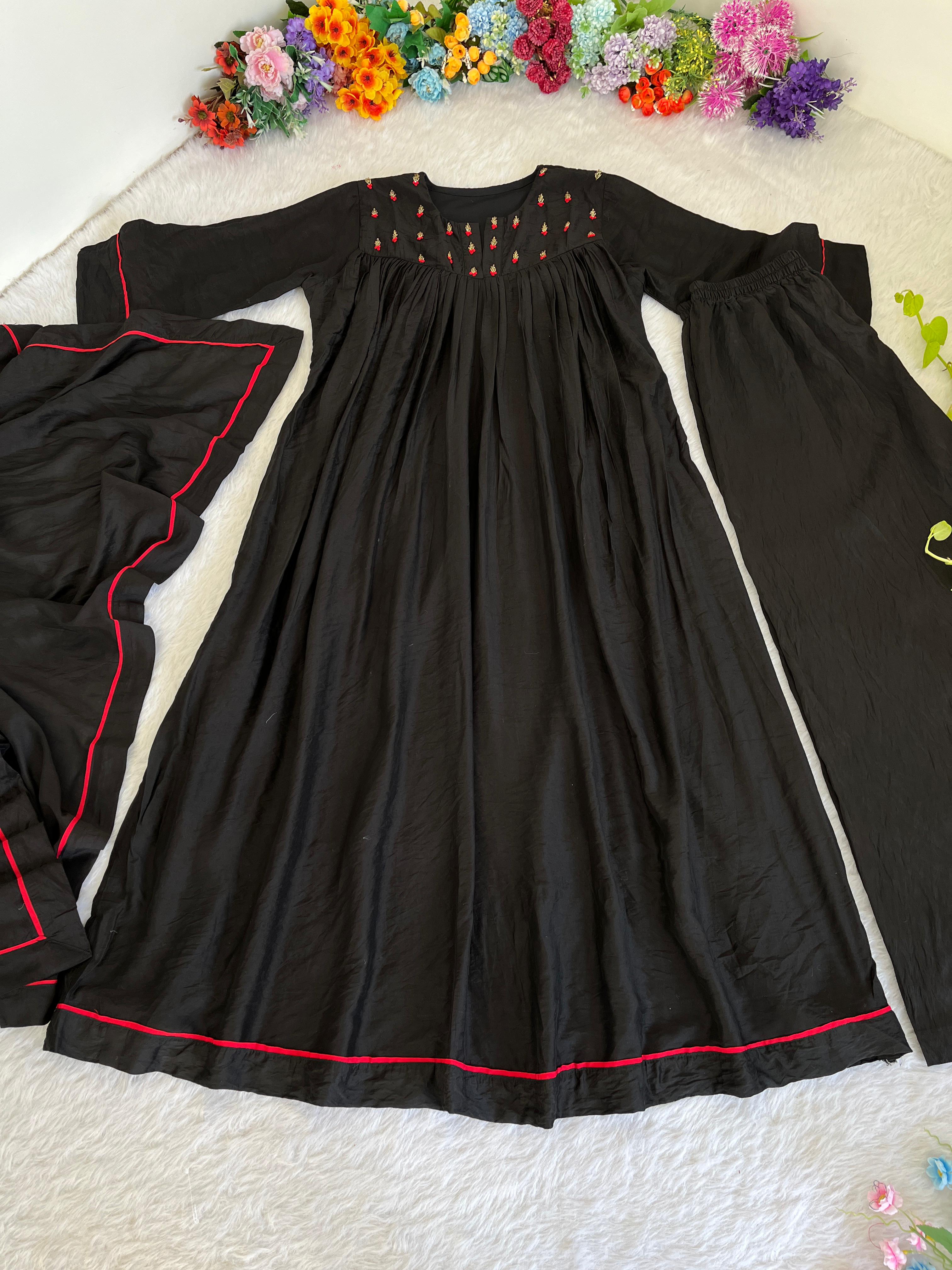 Winsome Black Viscose Chanderi Handworkd Anarkali Pant Suit - Ethnicwish