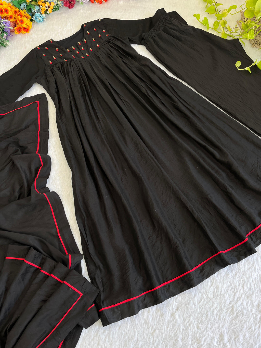 Winsome Black Viscose Chanderi Handworkd Anarkali Pant Suit - Ethnicwish