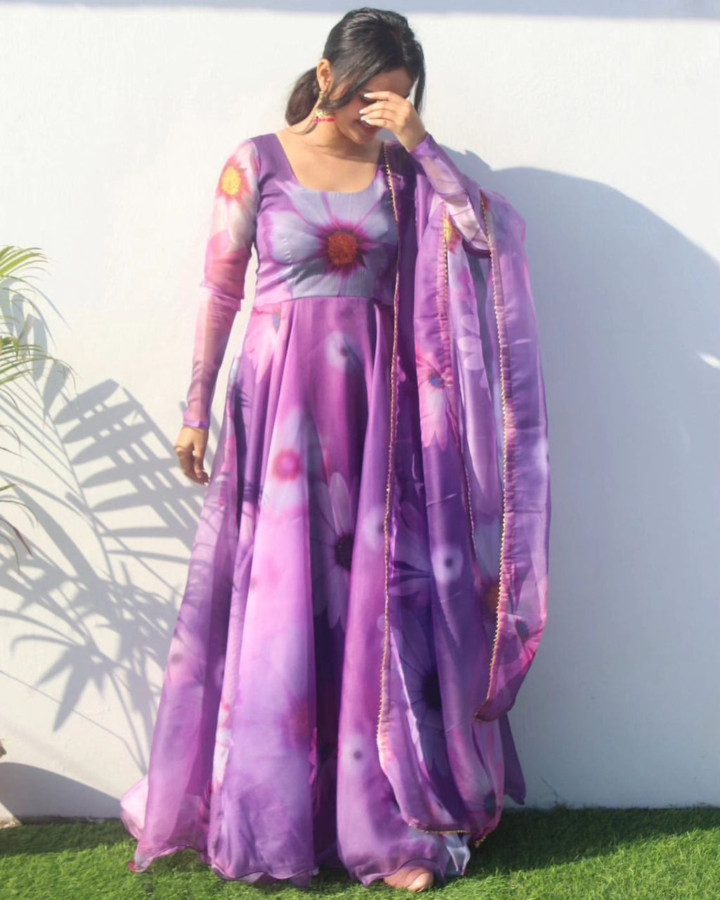 Delightful Purple Organza Silk Floral Printed Stitched Gown With Dupatta - Ethnicwish