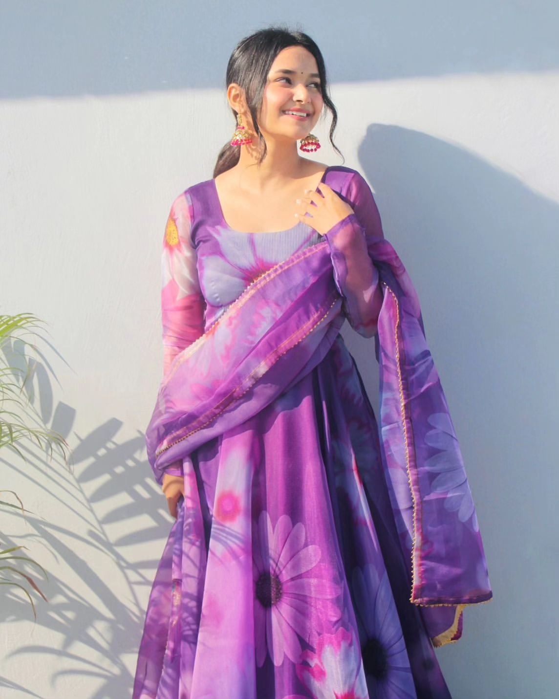 Delightful Purple Organza Silk Floral Printed Stitched Gown With Dupatta - Ethnicwish