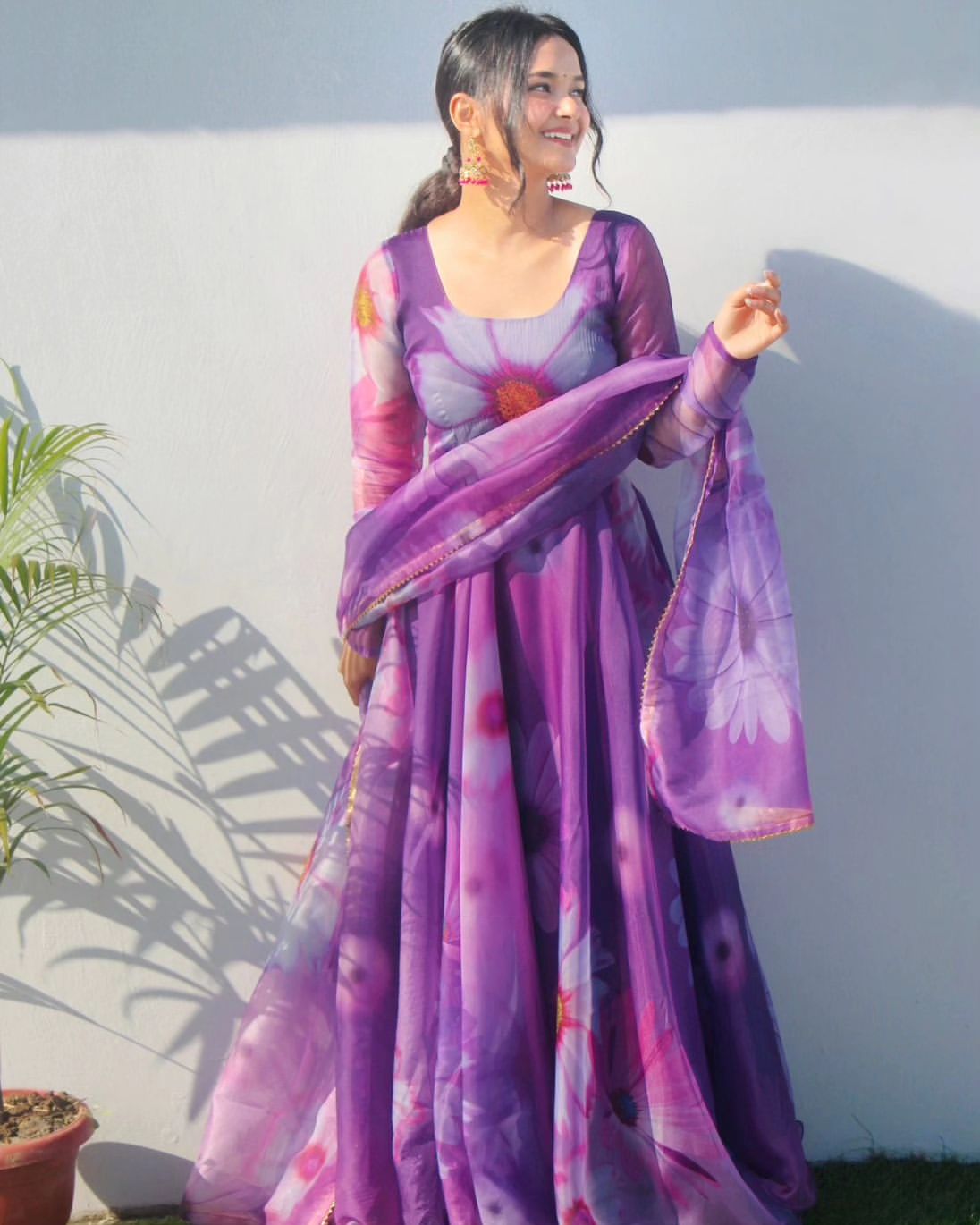 Delightful Purple Organza Silk Floral Printed Stitched Gown With Dupatta - Ethnicwish