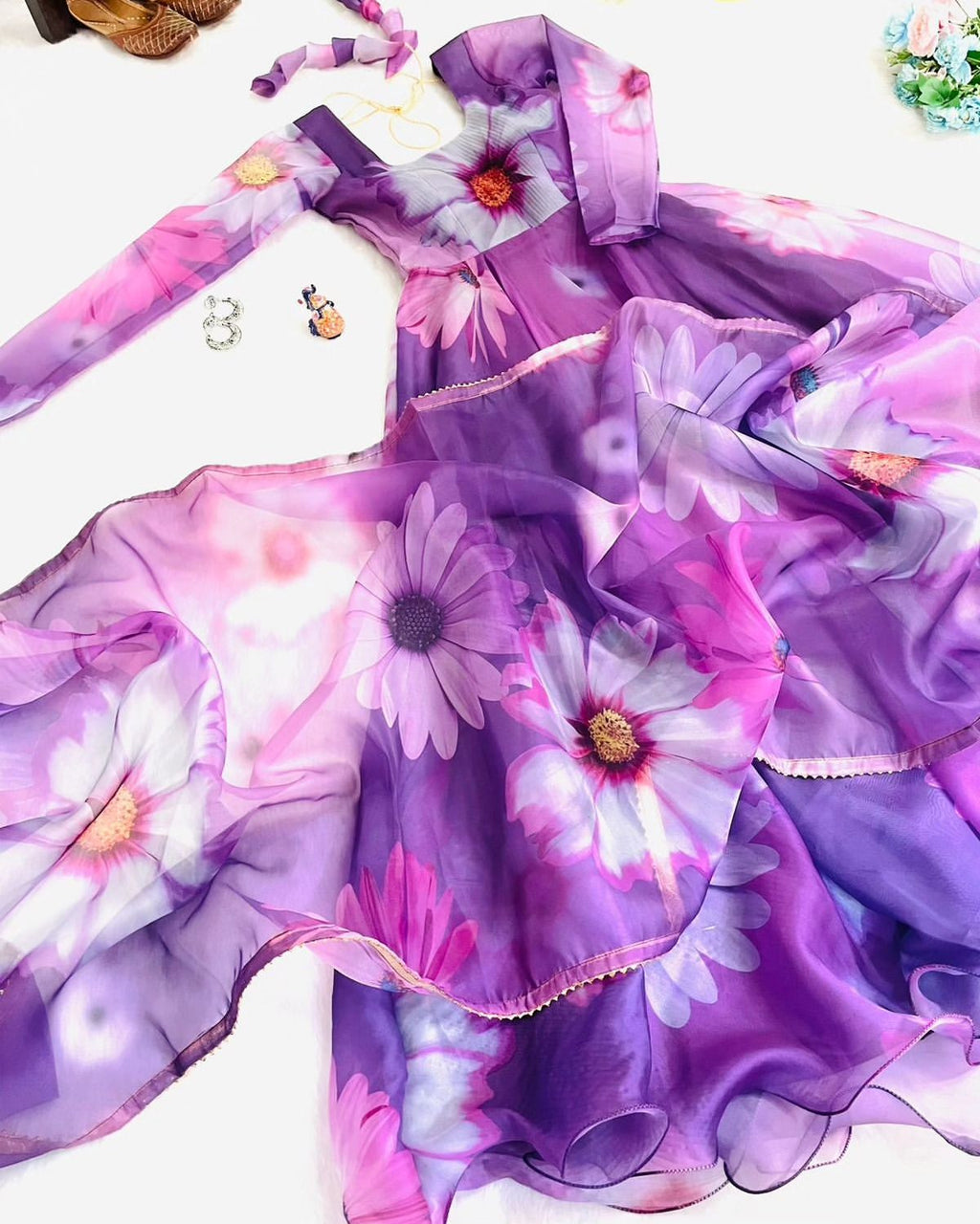 Delightful Purple Organza Silk Floral Printed Stitched Gown With Dupatta - Ethnicwish