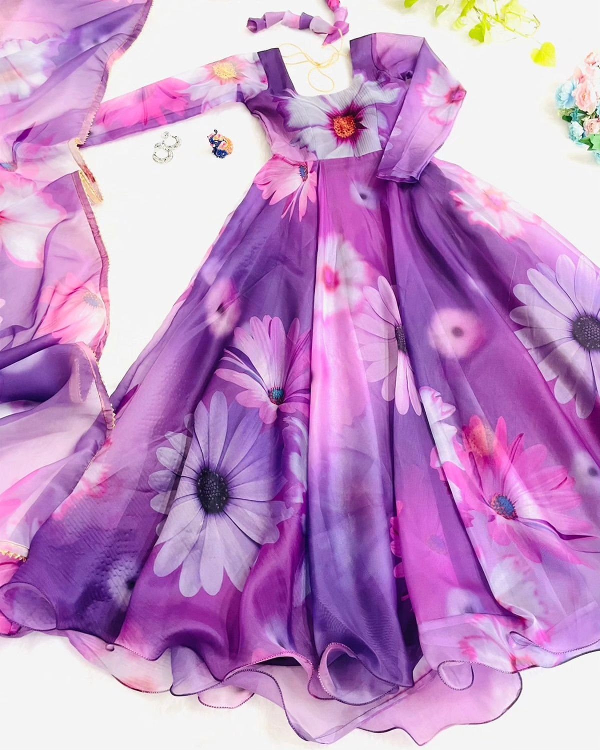 Delightful Purple Organza Silk Floral Printed Stitched Gown With Dupatta - Ethnicwish