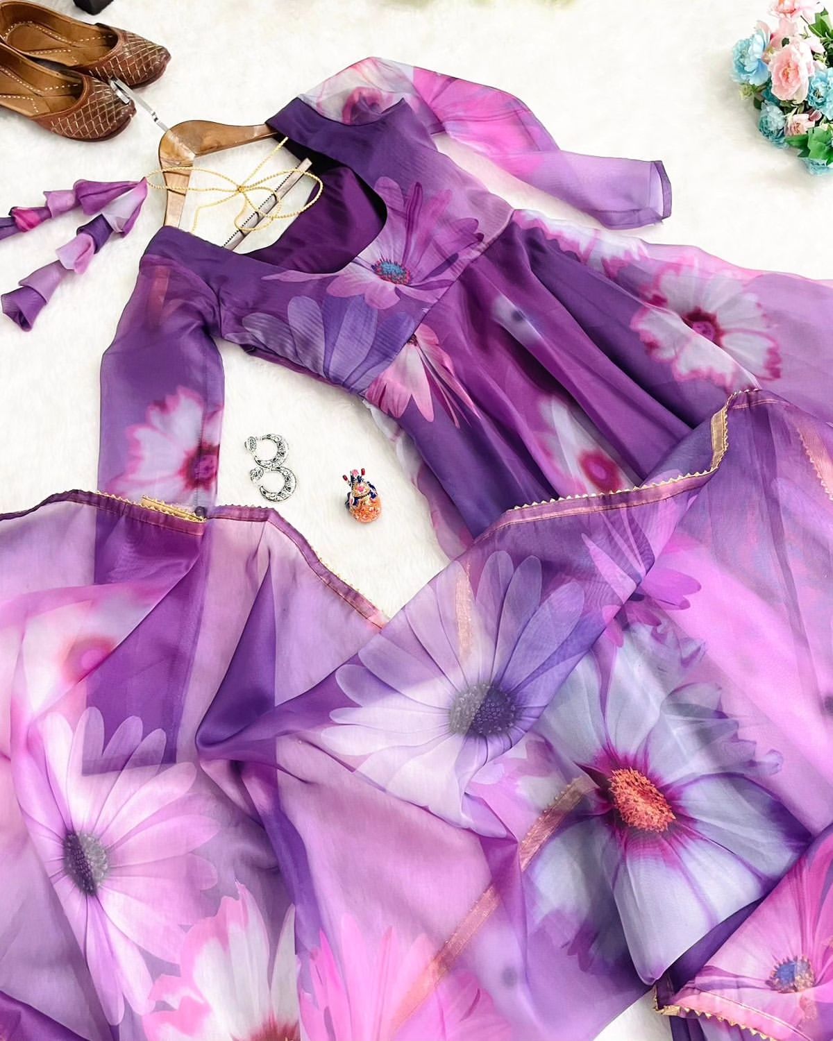 Delightful Purple Organza Silk Floral Printed Stitched Gown With Dupatta - Ethnicwish