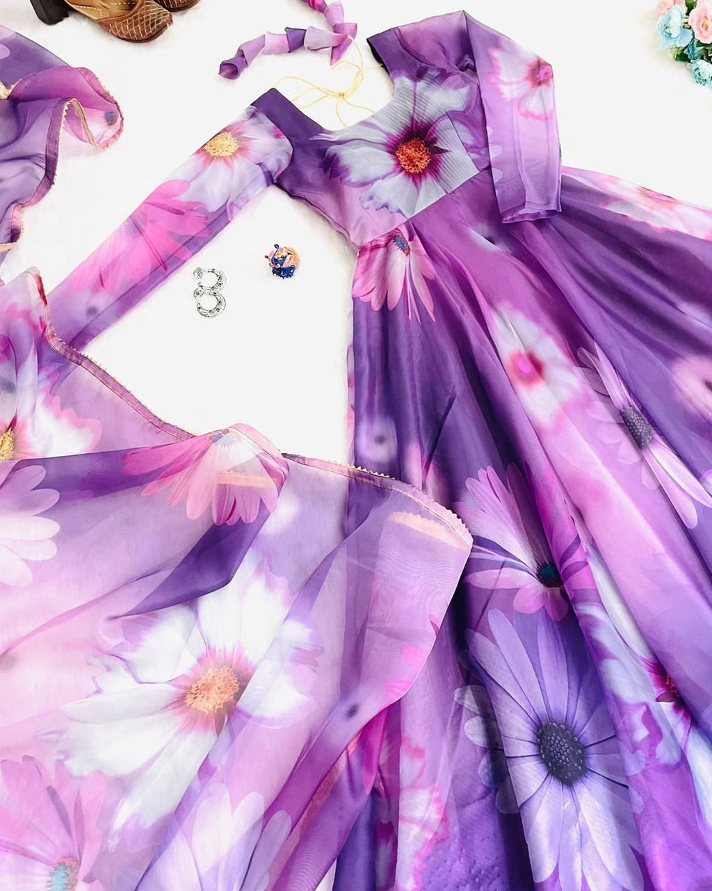 Delightful Purple Organza Silk Floral Printed Stitched Gown With Dupatta - Ethnicwish