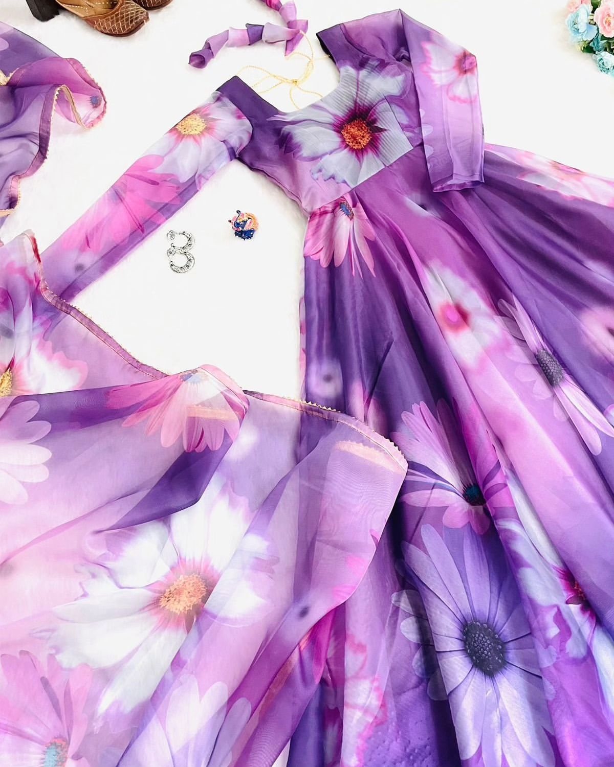 Delightful Purple Organza Silk Floral Printed Stitched Gown With Dupatta - Ethnicwish