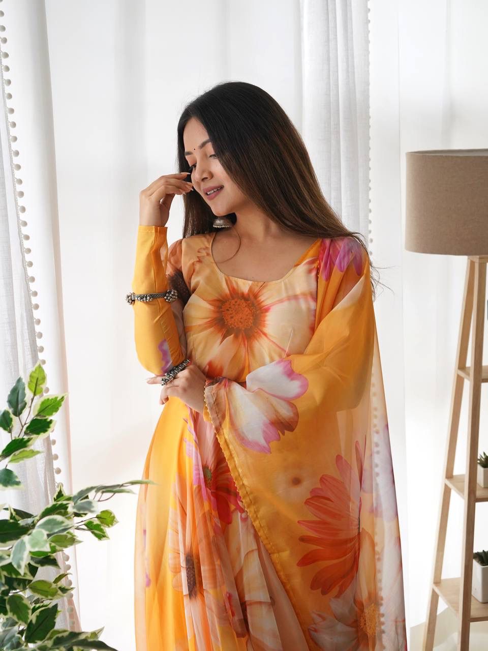 Elegant Orange Organza Silk Floral Printed Stitched Gown With Dupatta - Ethnicwish