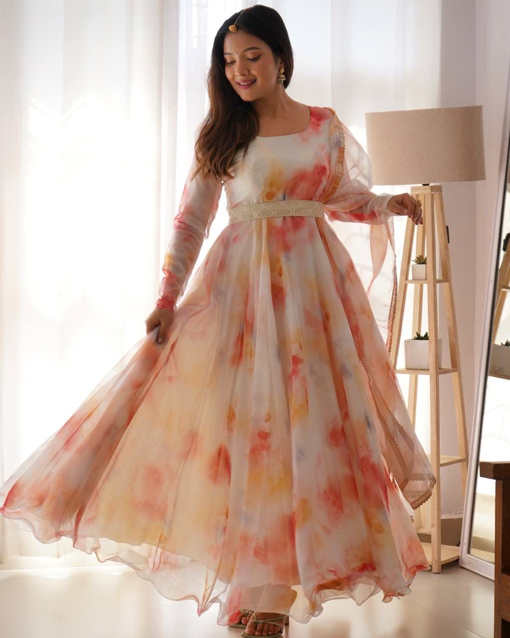 Elegant Organza Silk Floral Digital Printed Gown With Dupatta - Ethnicwish