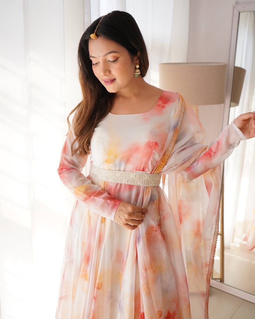 Elegant Organza Silk Floral Digital Printed Gown With Dupatta - Ethnicwish