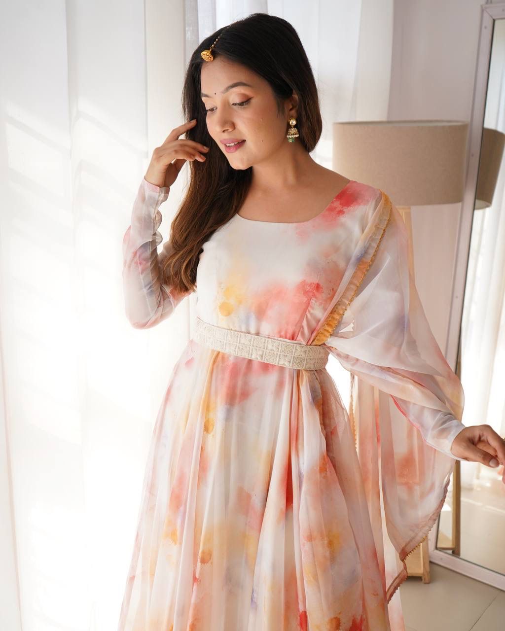 Elegant Organza Silk Floral Digital Printed Gown With Dupatta - Ethnicwish