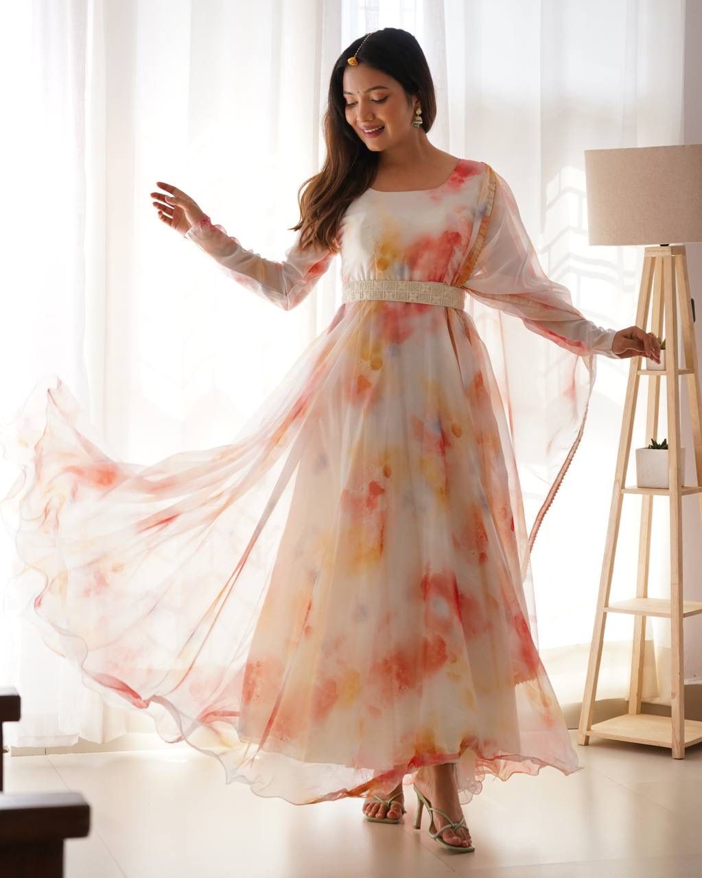 Elegant Organza Silk Floral Digital Printed Gown With Dupatta - Ethnicwish