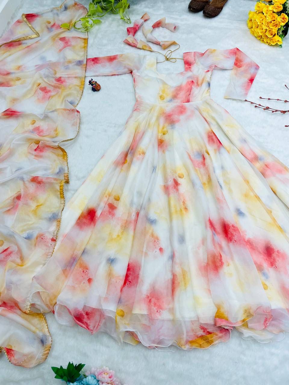 Elegant Organza Silk Floral Digital Printed Gown With Dupatta - Ethnicwish