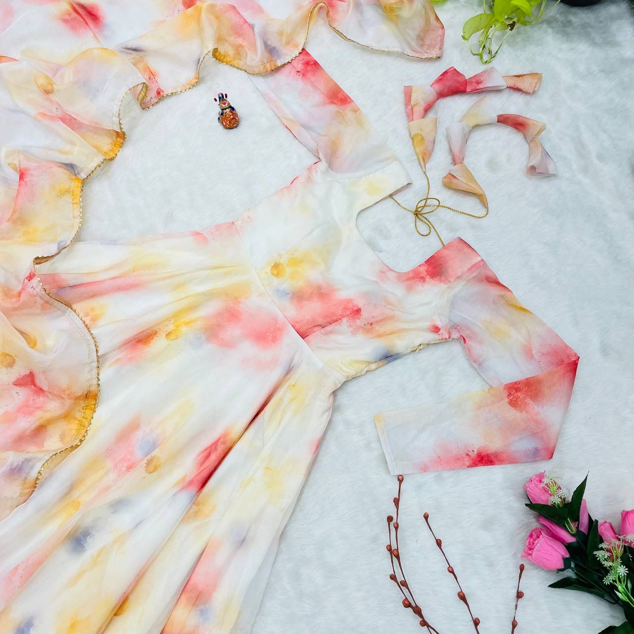 Elegant Organza Silk Floral Digital Printed Gown With Dupatta - Ethnicwish