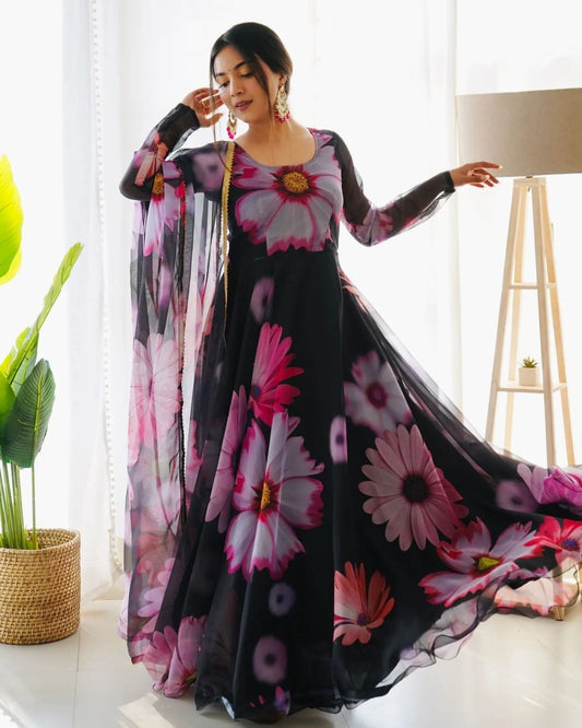 Enchanting Black Organza Silk Floral Printed Stitched Gown With Dupatta - Ethnicwish