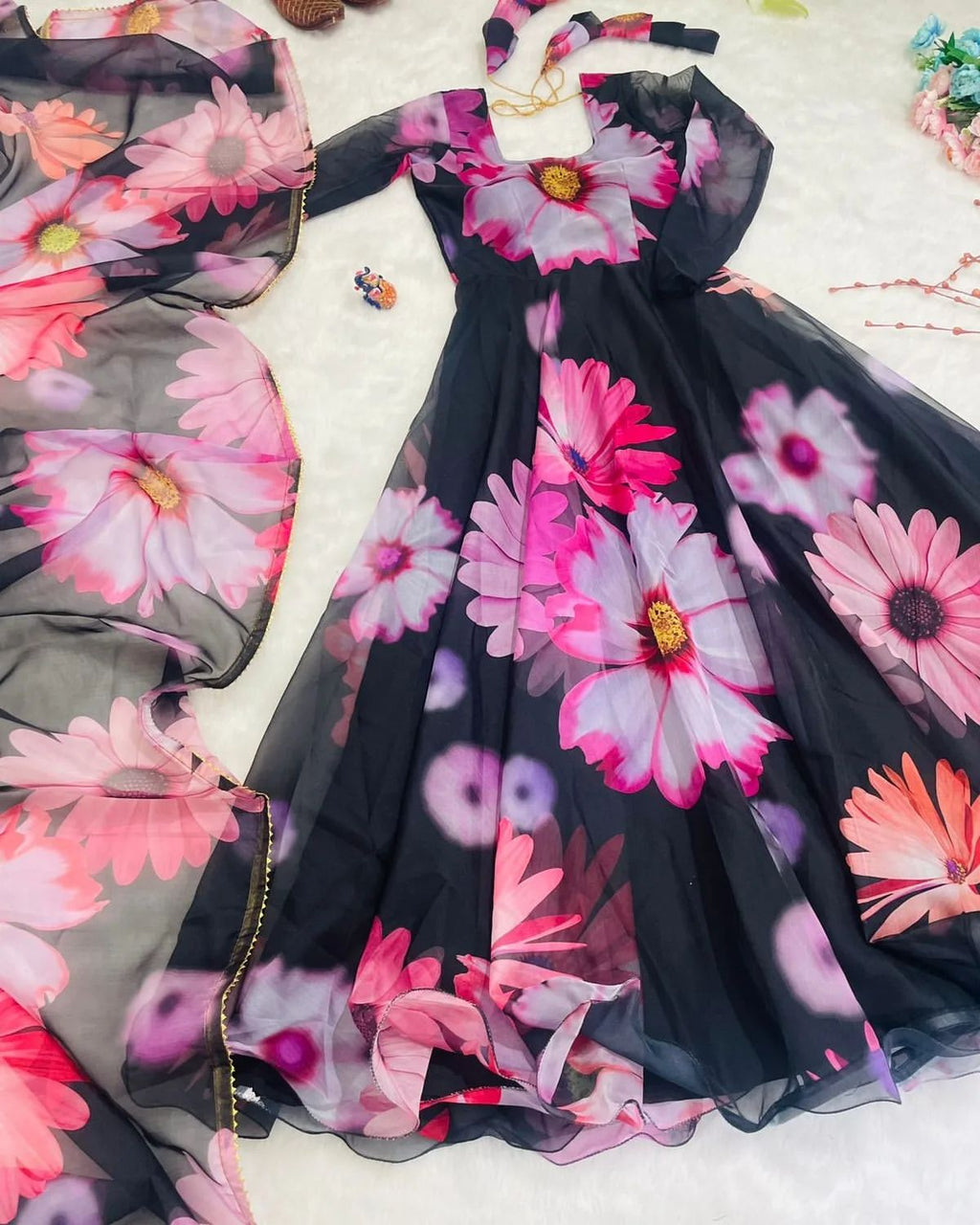 Enchanting Black Organza Silk Floral Printed Stitched Gown With Dupatta - Ethnicwish