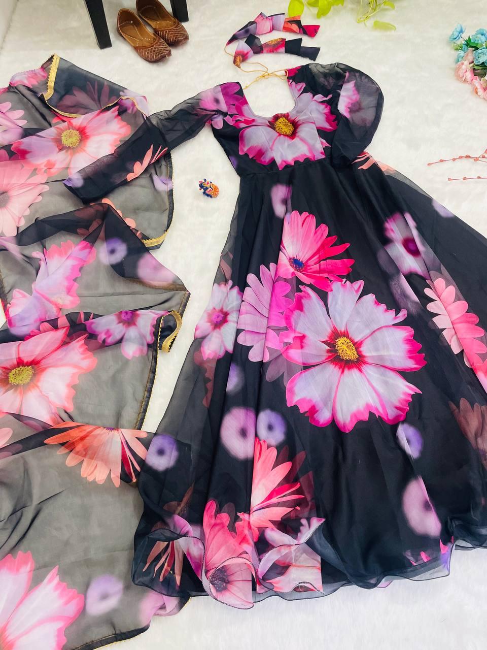 Enchanting Black Organza Silk Floral Printed Stitched Gown With Dupatta - Ethnicwish