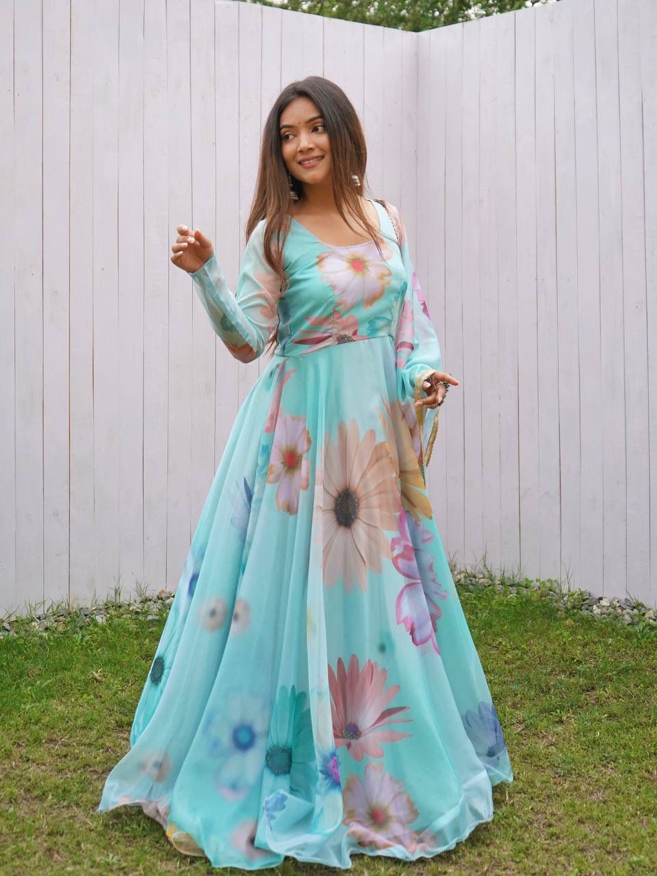 Radiant Sky Blue Organza Silk Floral Printed Stitched Gown With Dupatta - Ethnicwish