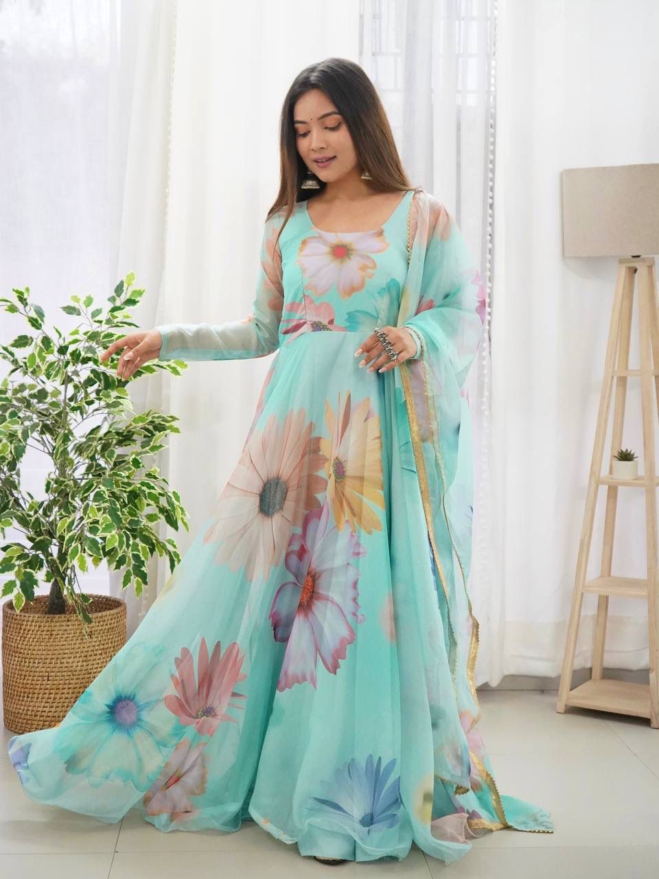 Radiant Sky Blue Organza Silk Floral Printed Stitched Gown With Dupatta - Ethnicwish