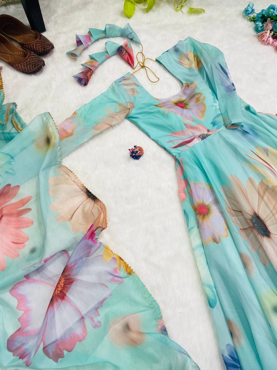 Radiant Sky Blue Organza Silk Floral Printed Stitched Gown With Dupatta - Ethnicwish