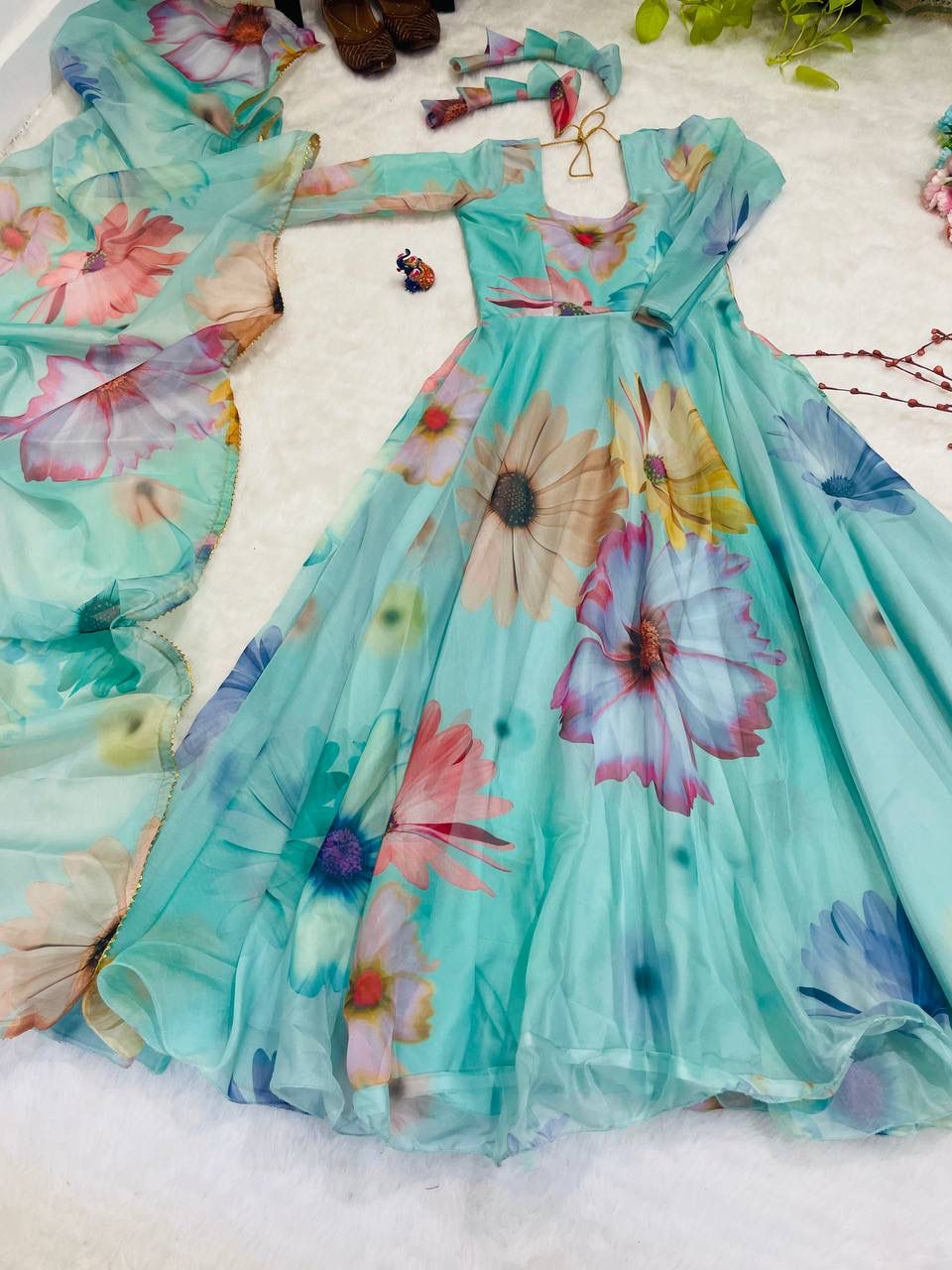 Radiant Sky Blue Organza Silk Floral Printed Stitched Gown With Dupatta - Ethnicwish