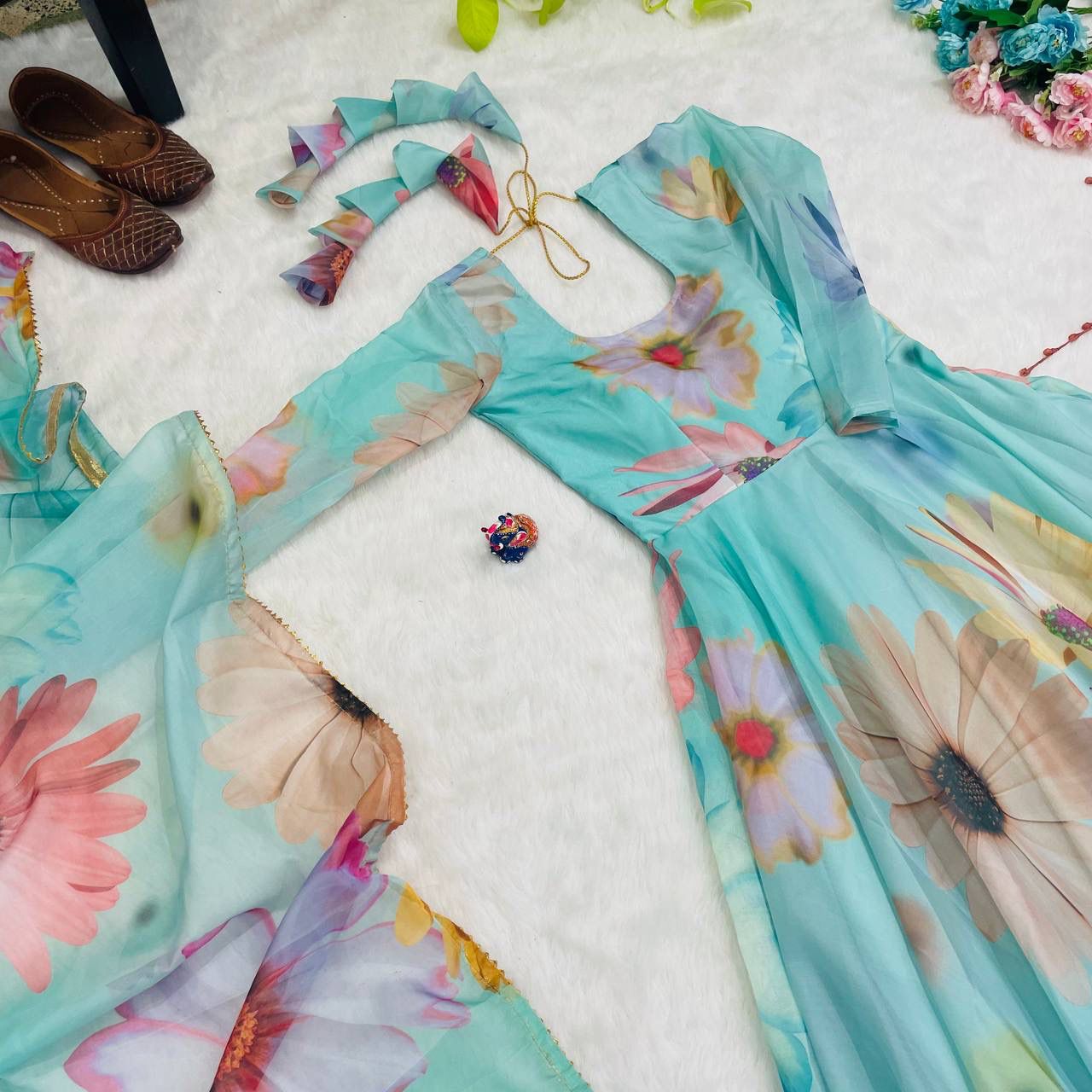 Radiant Sky Blue Organza Silk Floral Printed Stitched Gown With Dupatta - Ethnicwish