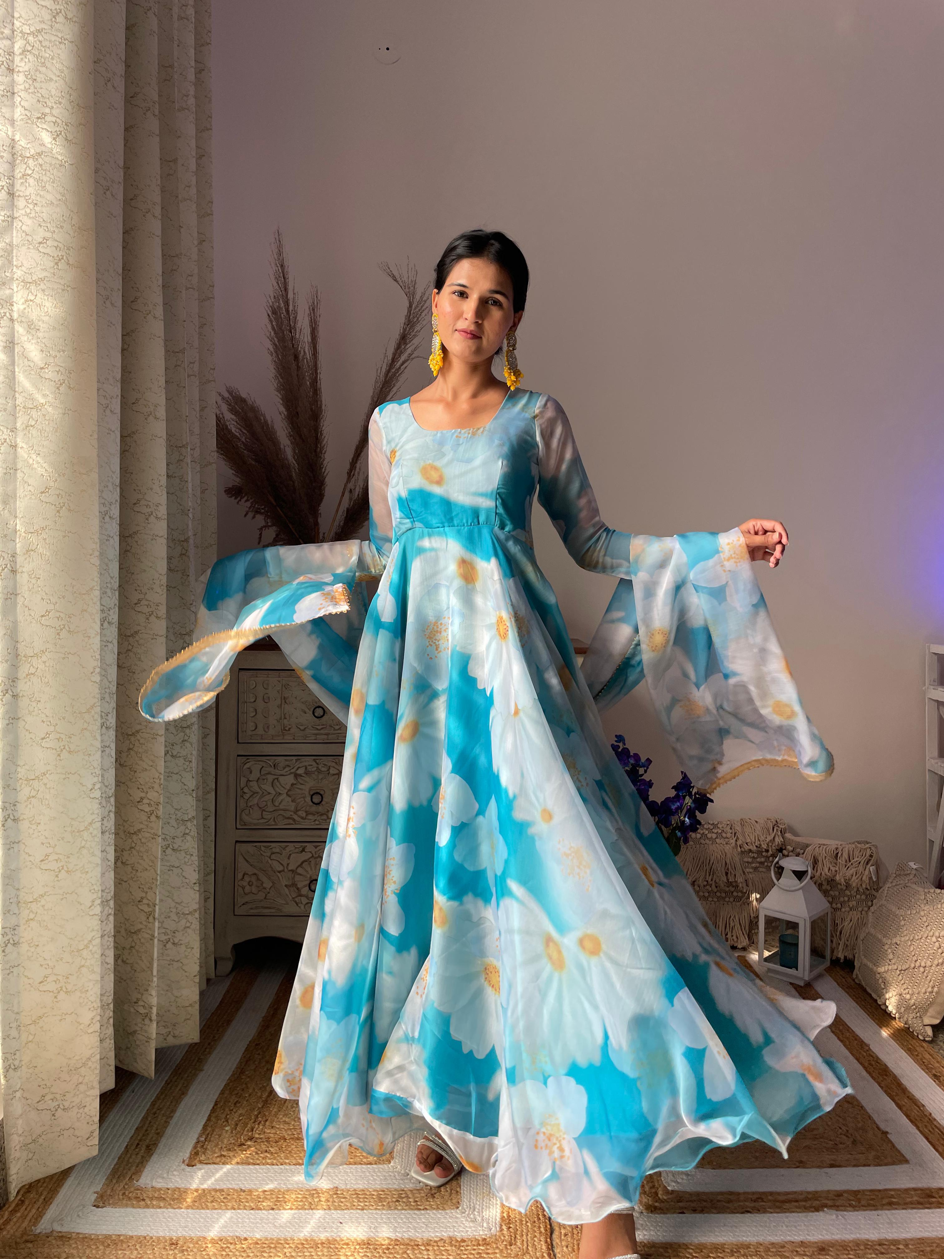 Classy Sky Blue Organza Silk Floral Printed Stitched Gown With Dupatta - Ethnicwish