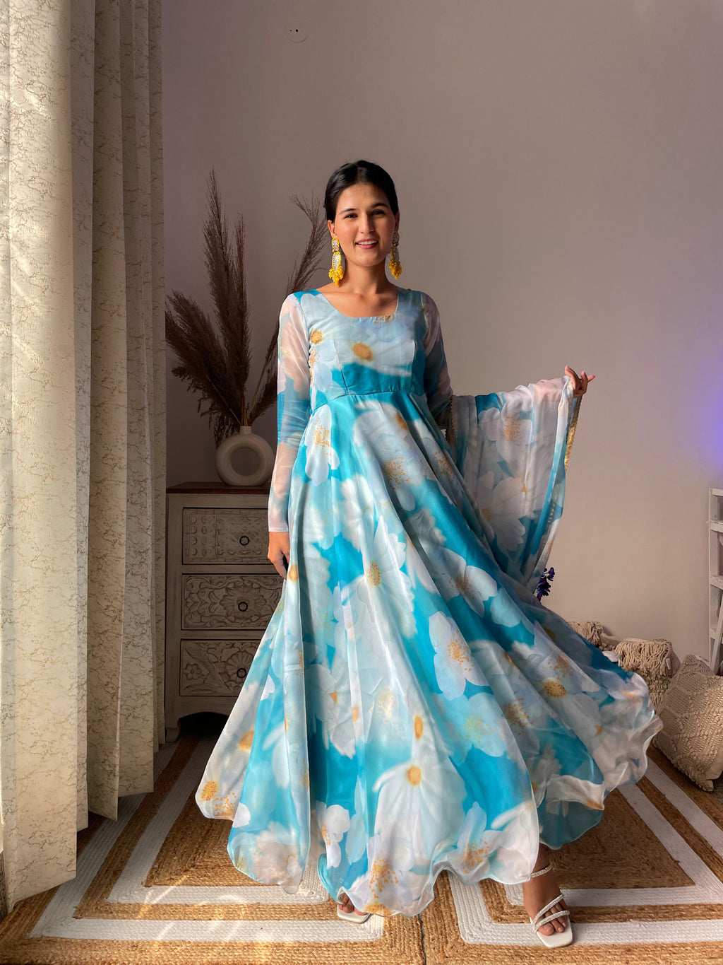Classy Sky Blue Organza Silk Floral Printed Stitched Gown With Dupatta - Ethnicwish