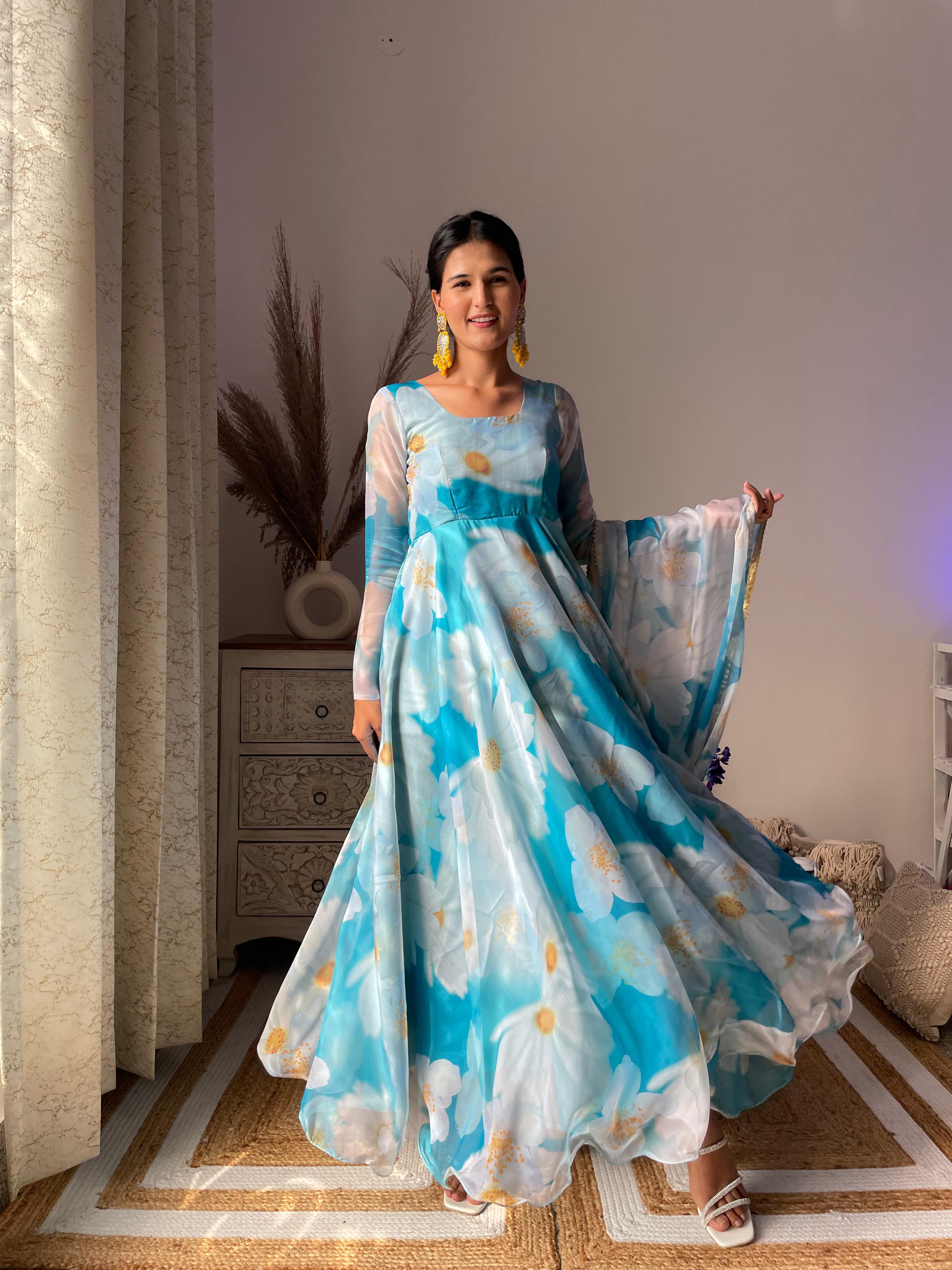 Classy Sky Blue Organza Silk Floral Printed Stitched Gown With Dupatta - Ethnicwish