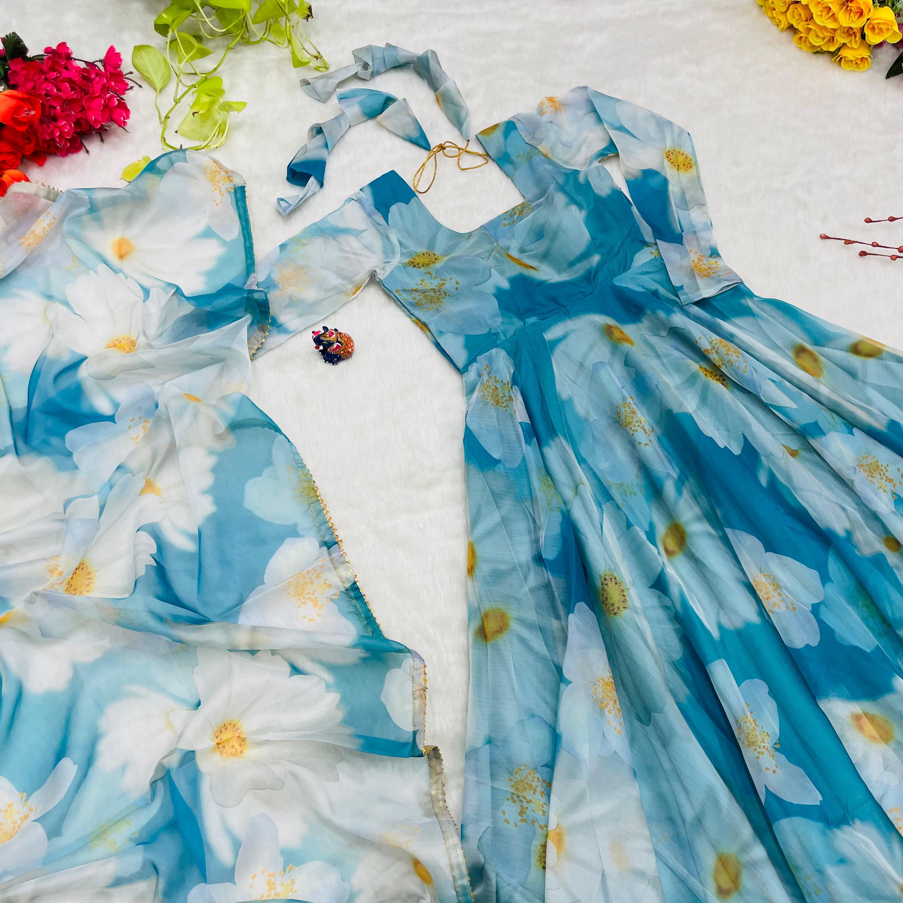 Classy Sky Blue Organza Silk Floral Printed Stitched Gown With Dupatta - Ethnicwish