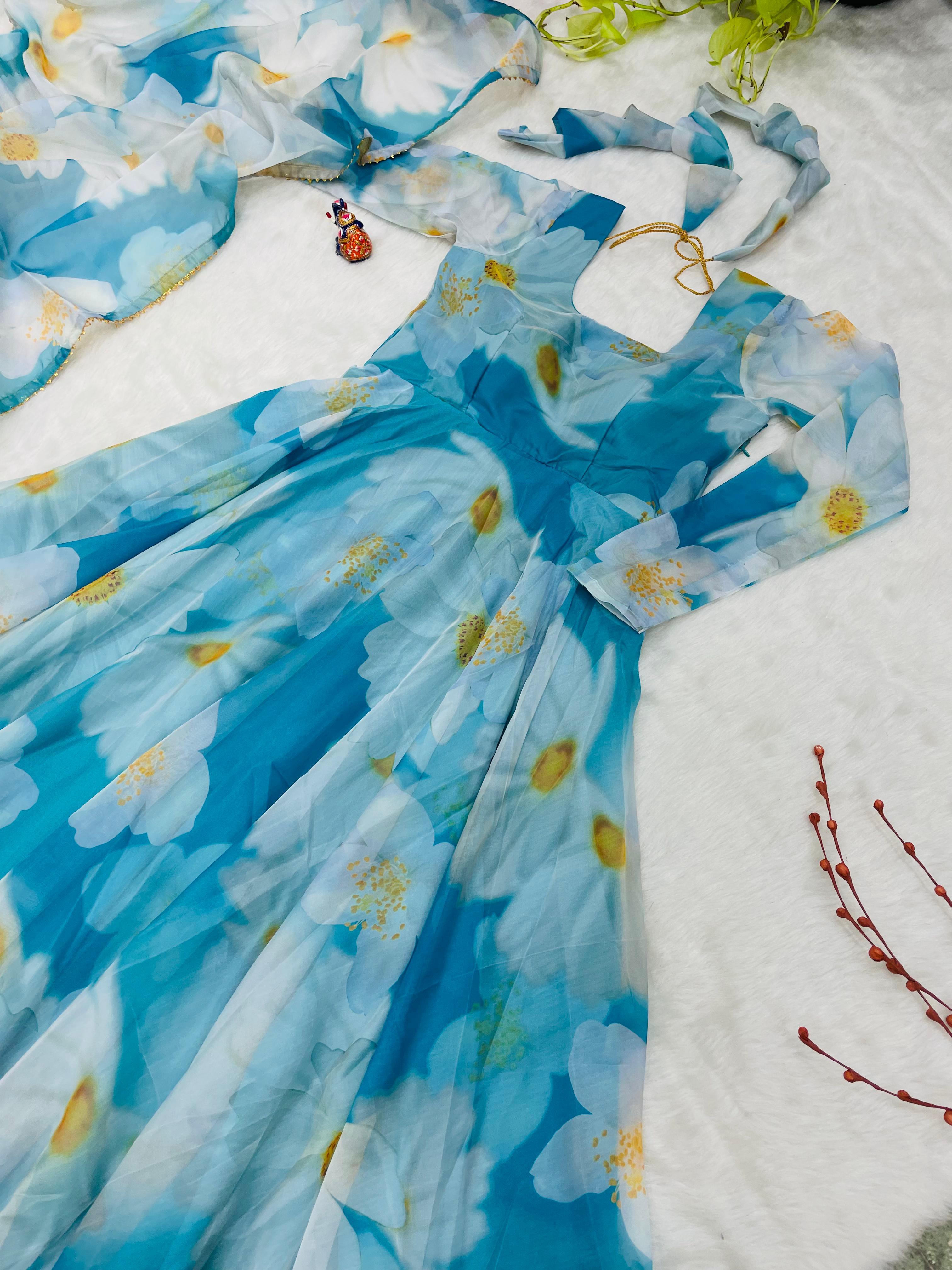 Classy Sky Blue Organza Silk Floral Printed Stitched Gown With Dupatta - Ethnicwish