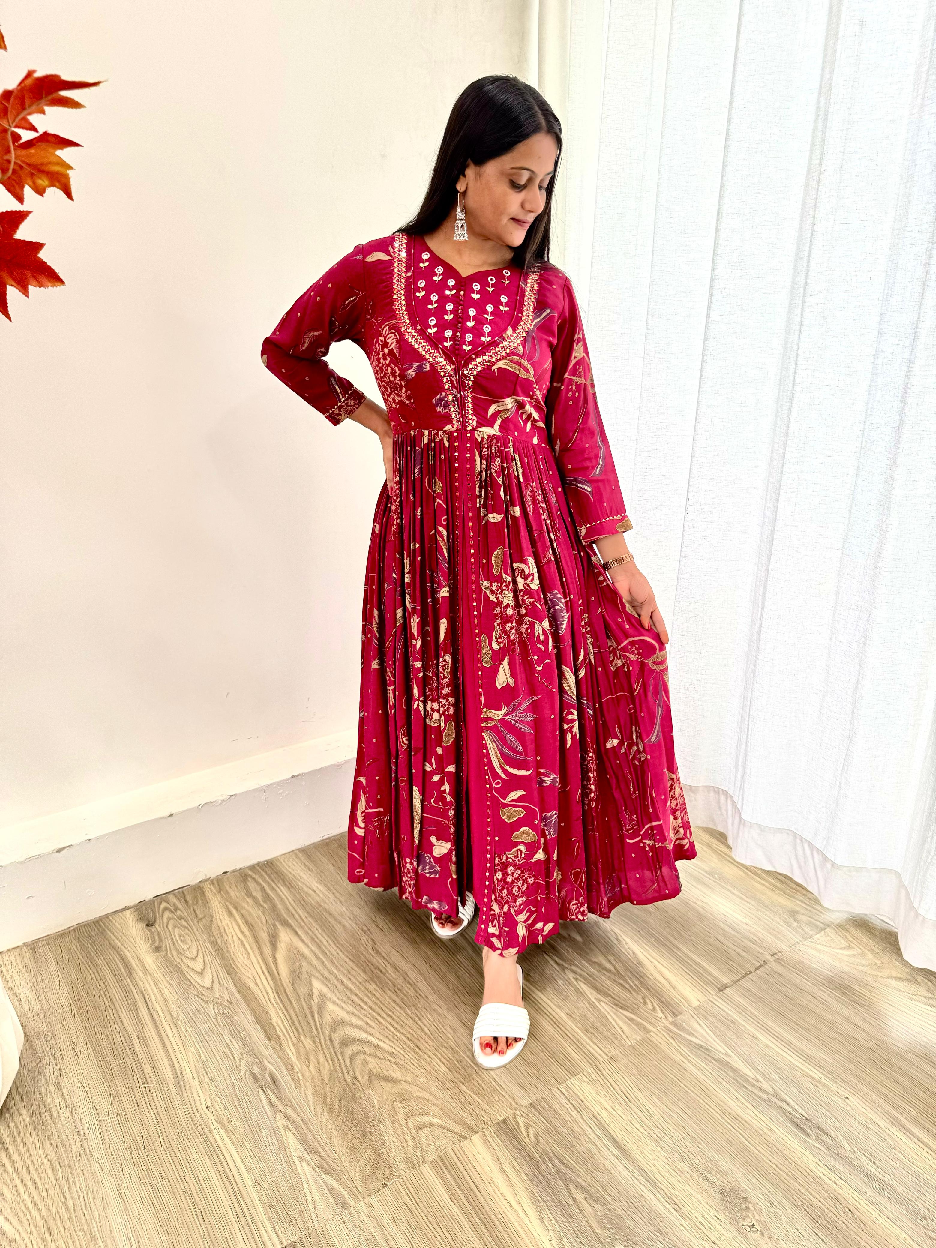 Enamoring Rani Roman Silk Handworked Fully Stitched Designer Gown - Ethnicwish