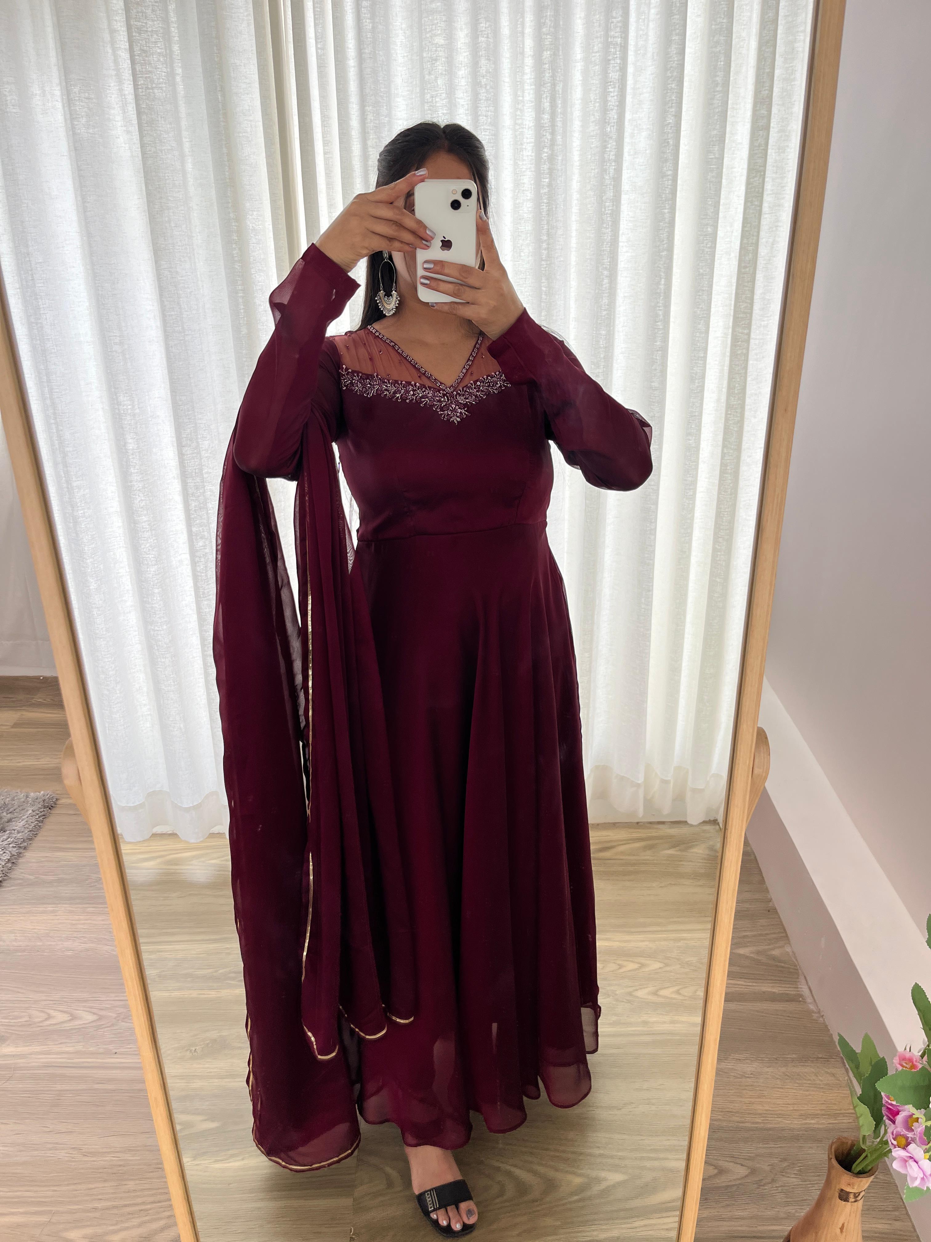 Stylish Maroon Red Rangoli Georgette Handworked Gown With Dupatta - Ethnicwish