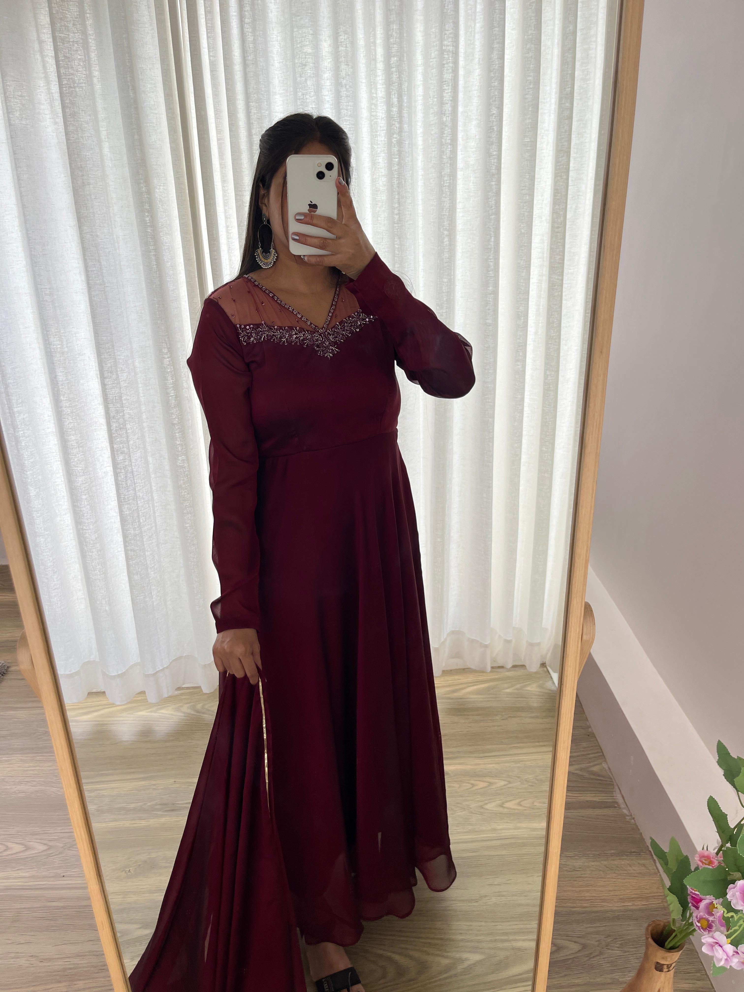 Stylish Maroon Red Rangoli Georgette Handworked Gown With Dupatta - Ethnicwish