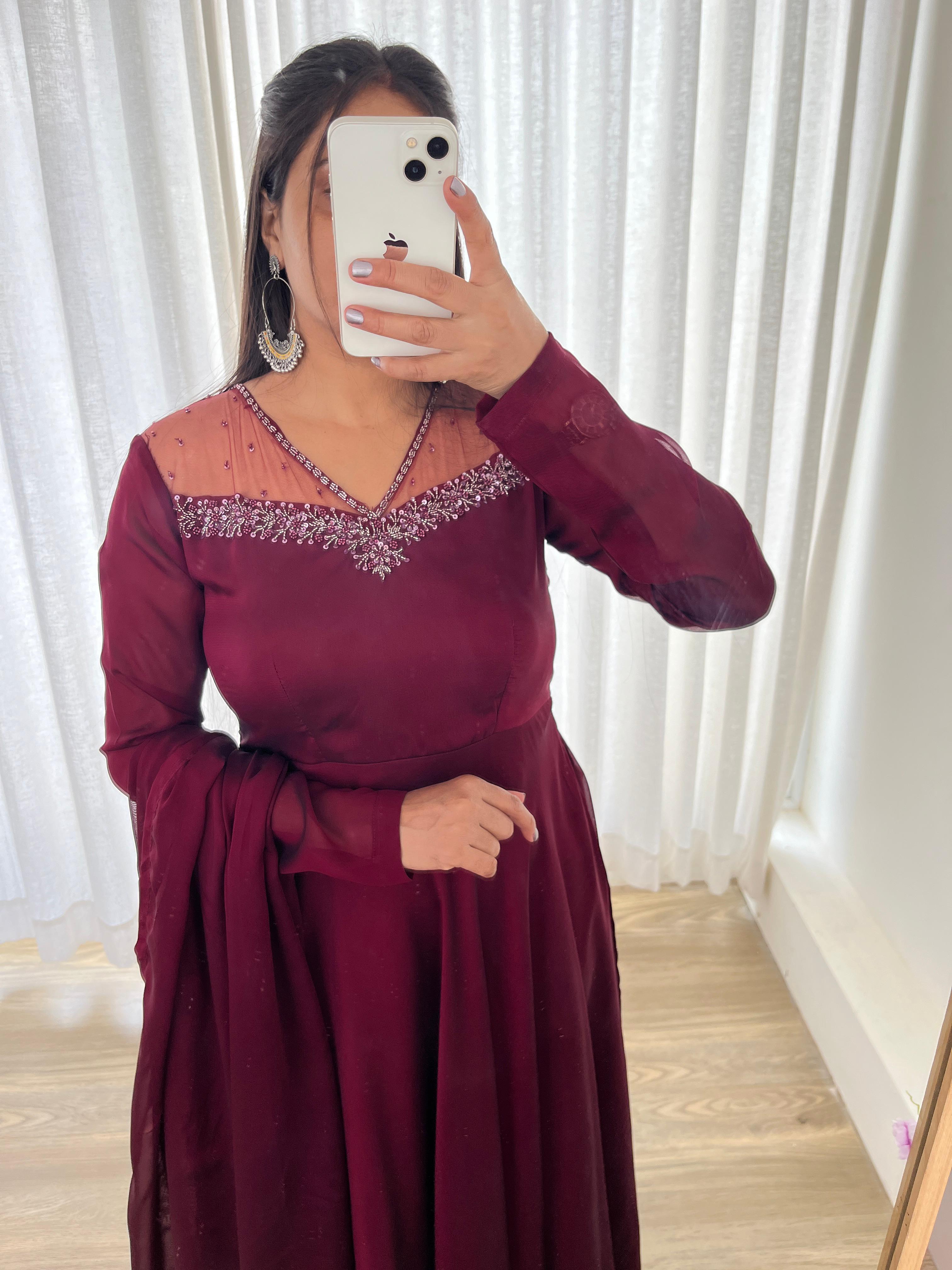 Stylish Maroon Red Rangoli Georgette Handworked Gown With Dupatta - Ethnicwish