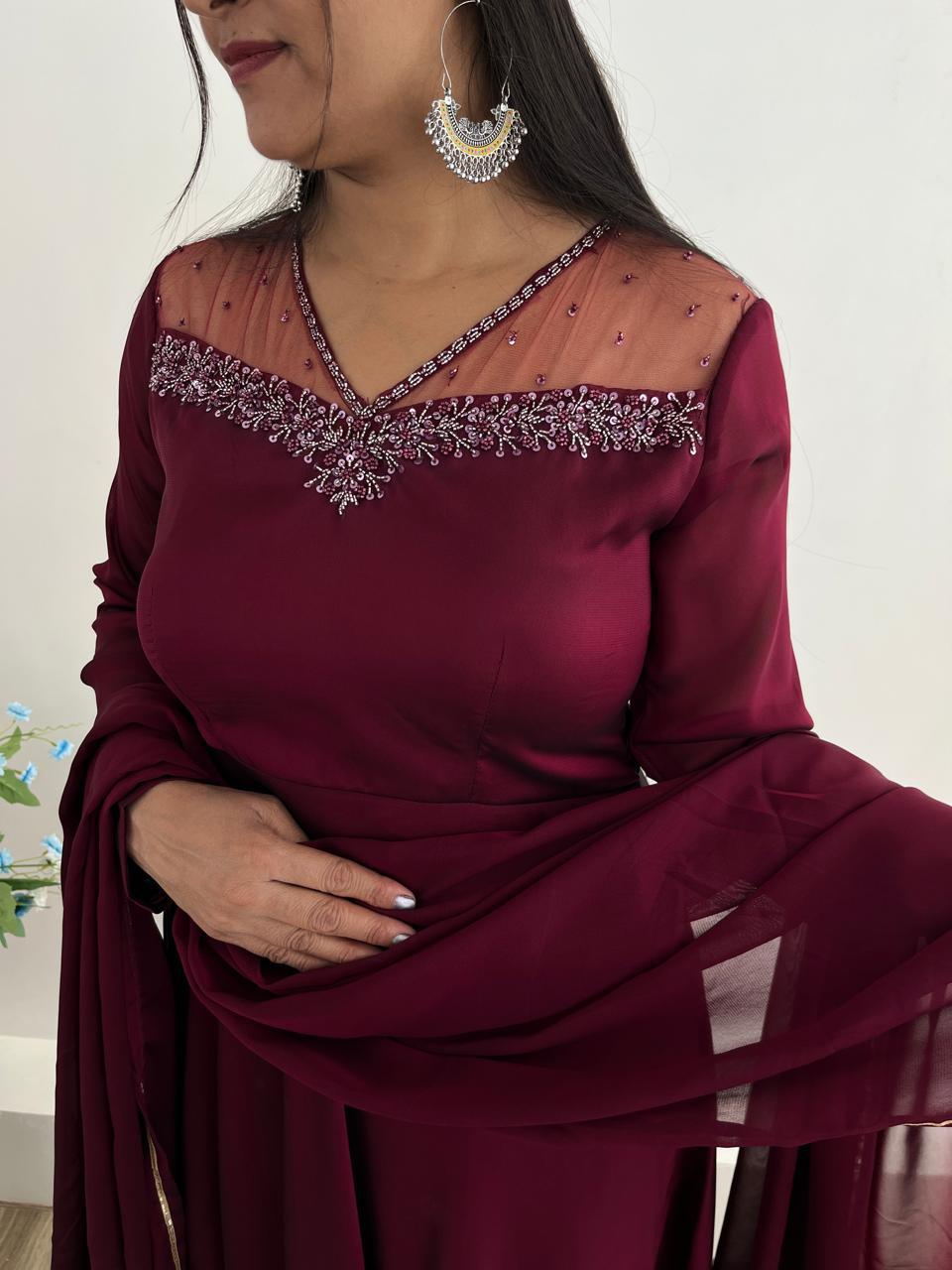 Stylish Maroon Red Rangoli Georgette Handworked Gown With Dupatta - Ethnicwish