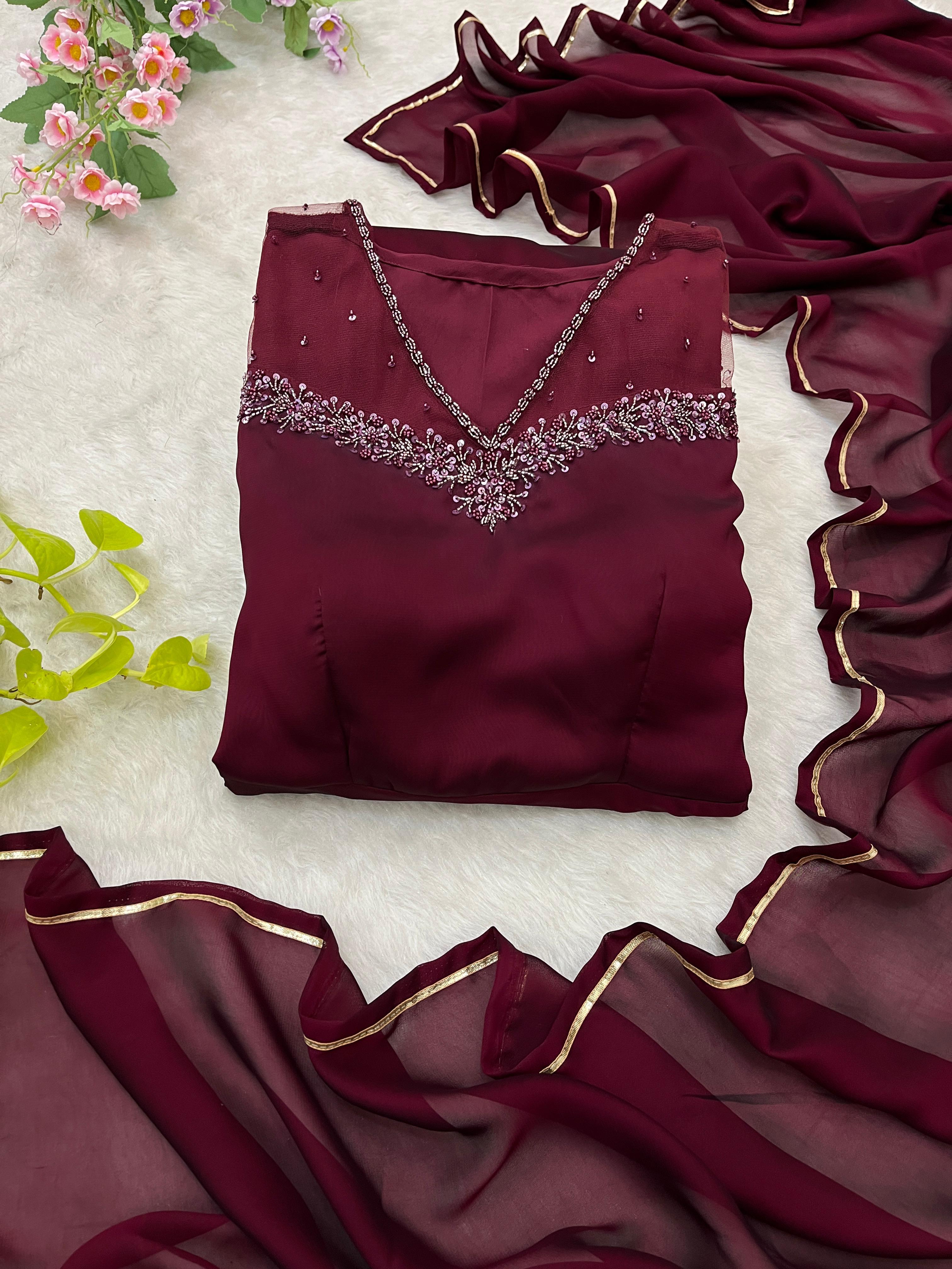 Stylish Maroon Red Rangoli Georgette Handworked Gown With Dupatta - Ethnicwish