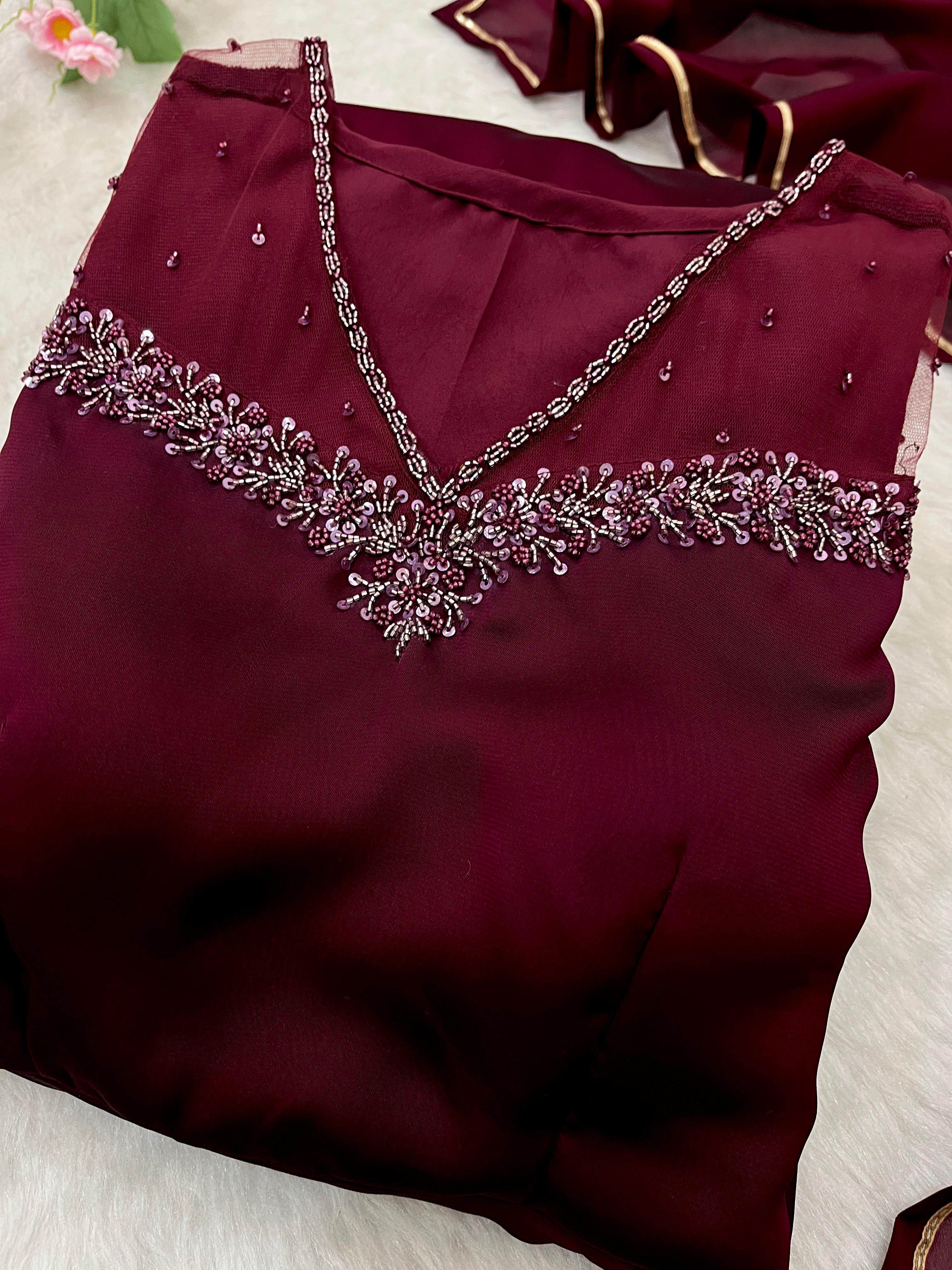 Stylish Maroon Red Rangoli Georgette Handworked Gown With Dupatta - Ethnicwish