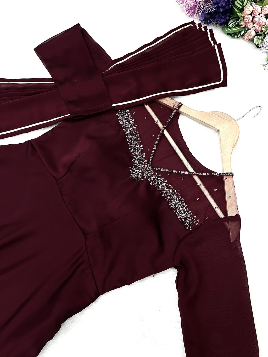 Stylish Maroon Red Rangoli Georgette Handworked Gown With Dupatta - Ethnicwish