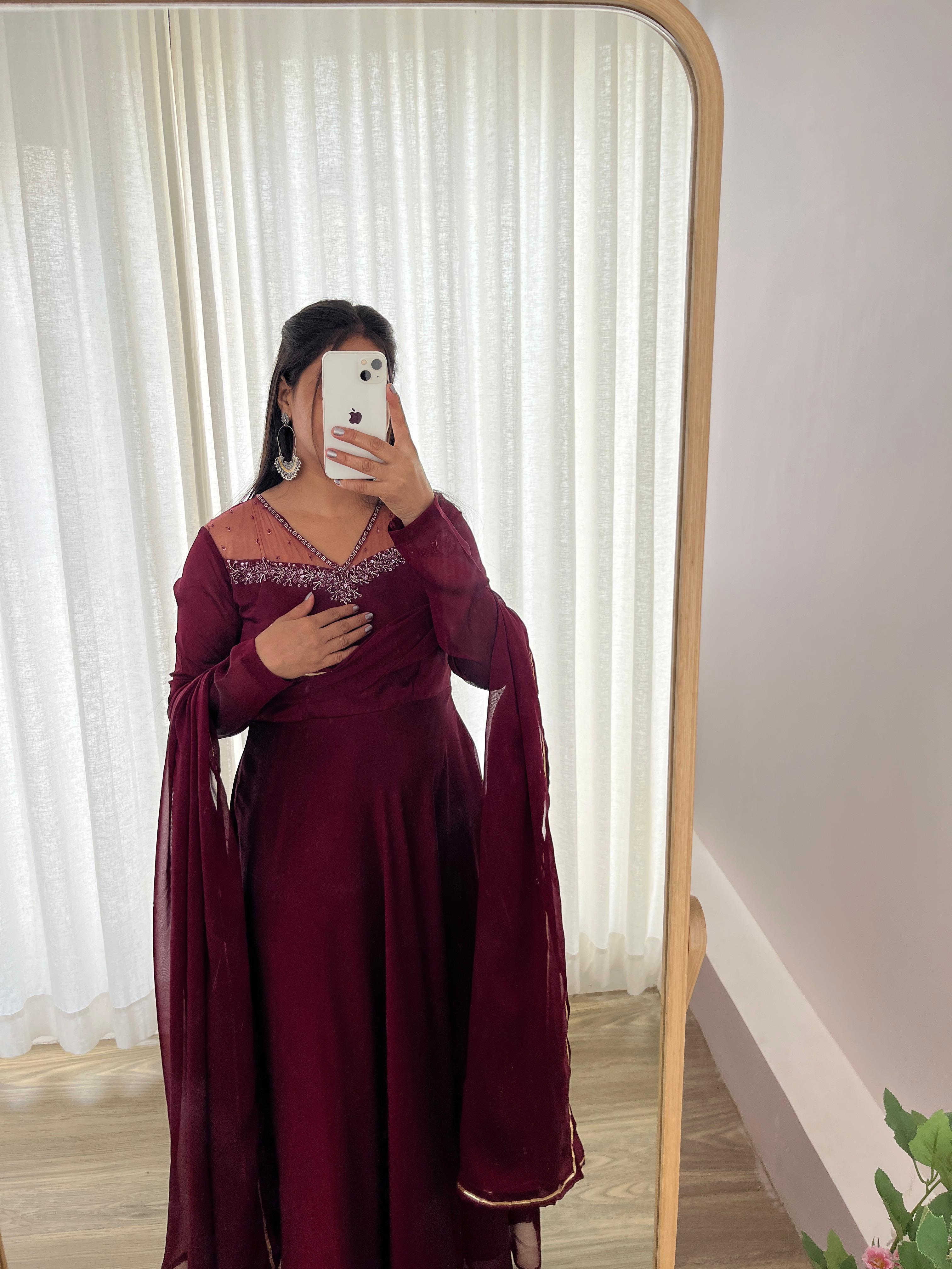 Stylish Maroon Red Rangoli Georgette Handworked Gown With Dupatta - Ethnicwish