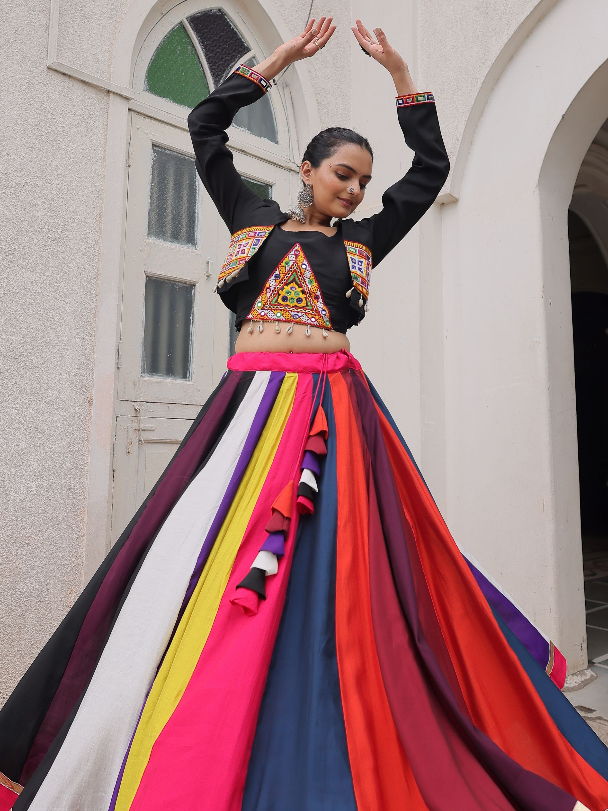 Tantalizing Multi-Color Silk Navratri Wear Lehenga Choli With Koti