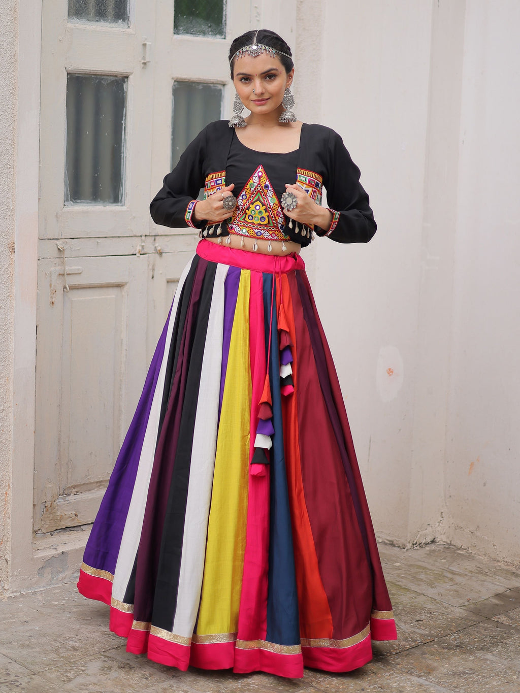 Tantalizing Multi-Color Silk Navratri Wear Lehenga Choli With Koti