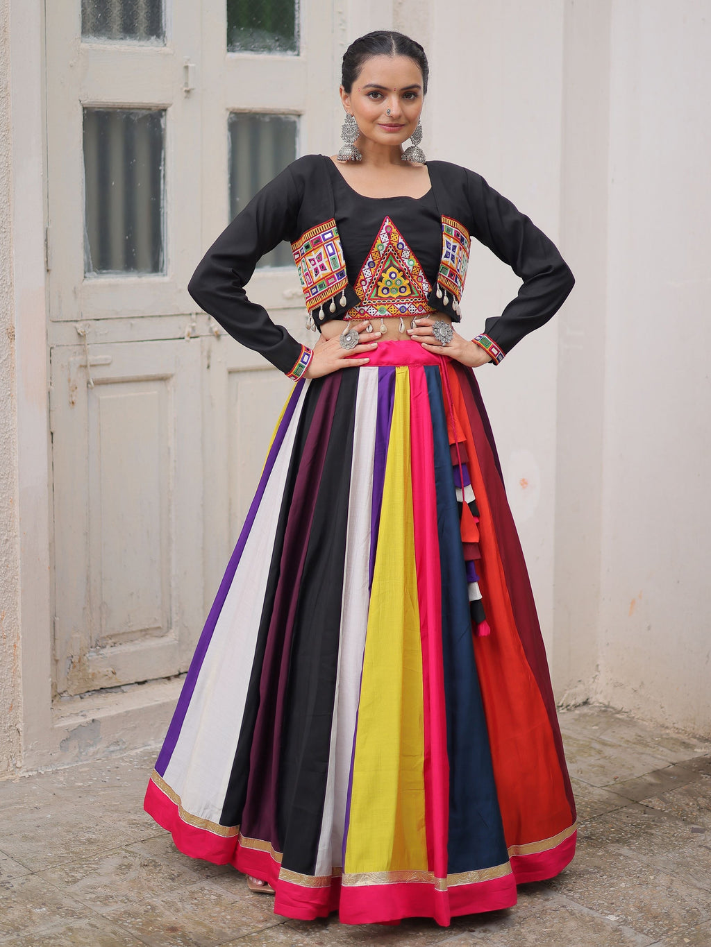 Tantalizing Multi-Color Silk Navratri Wear Lehenga Choli With Koti