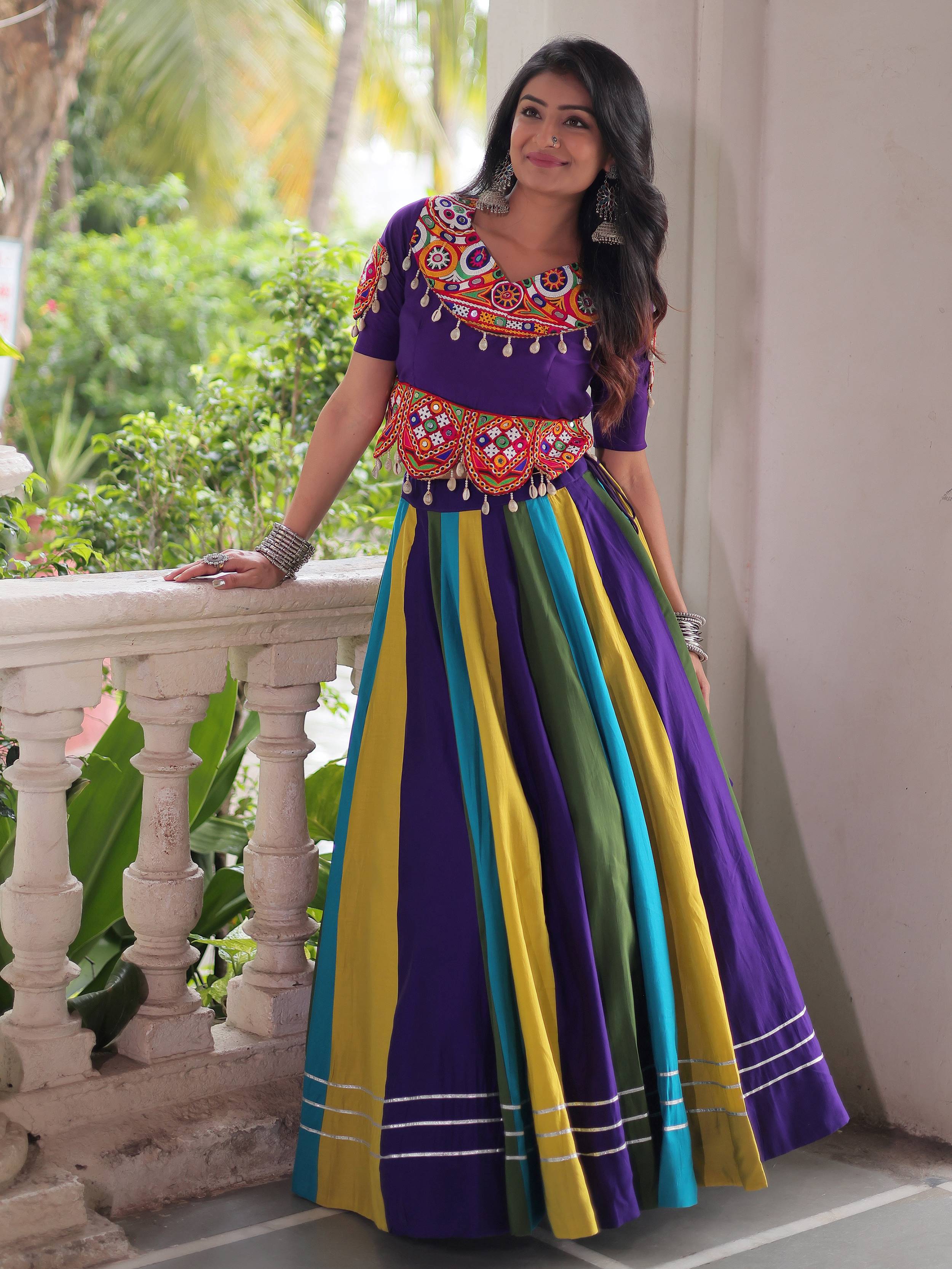 Graceful Multi-Color Silk Gamthi Work Navratri Wear Crop Top Lehenga