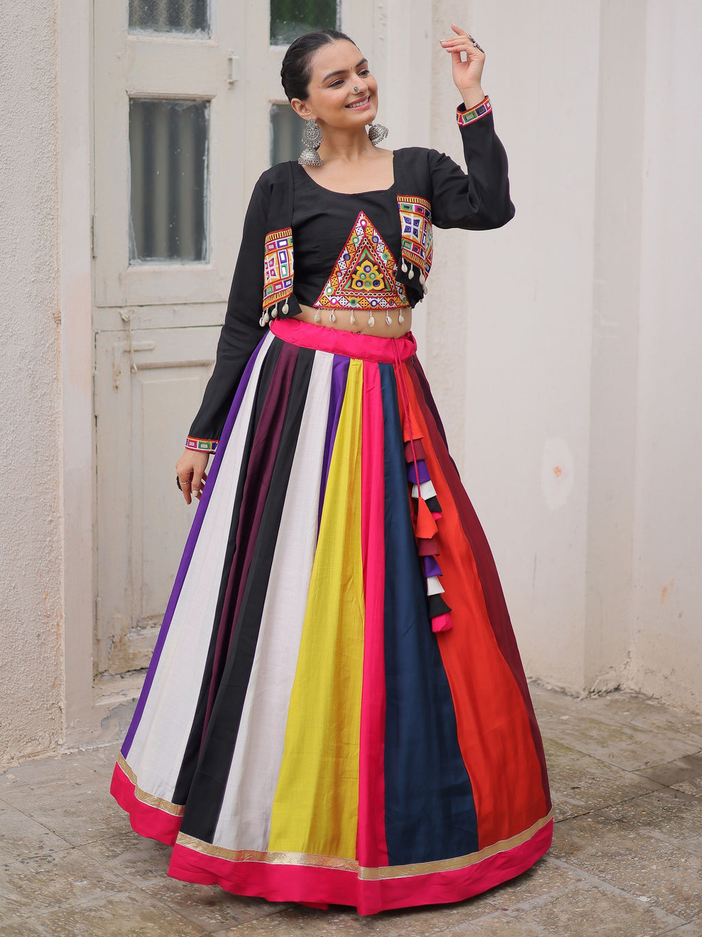 Tantalizing Multi-Color Silk Navratri Wear Lehenga Choli With Koti
