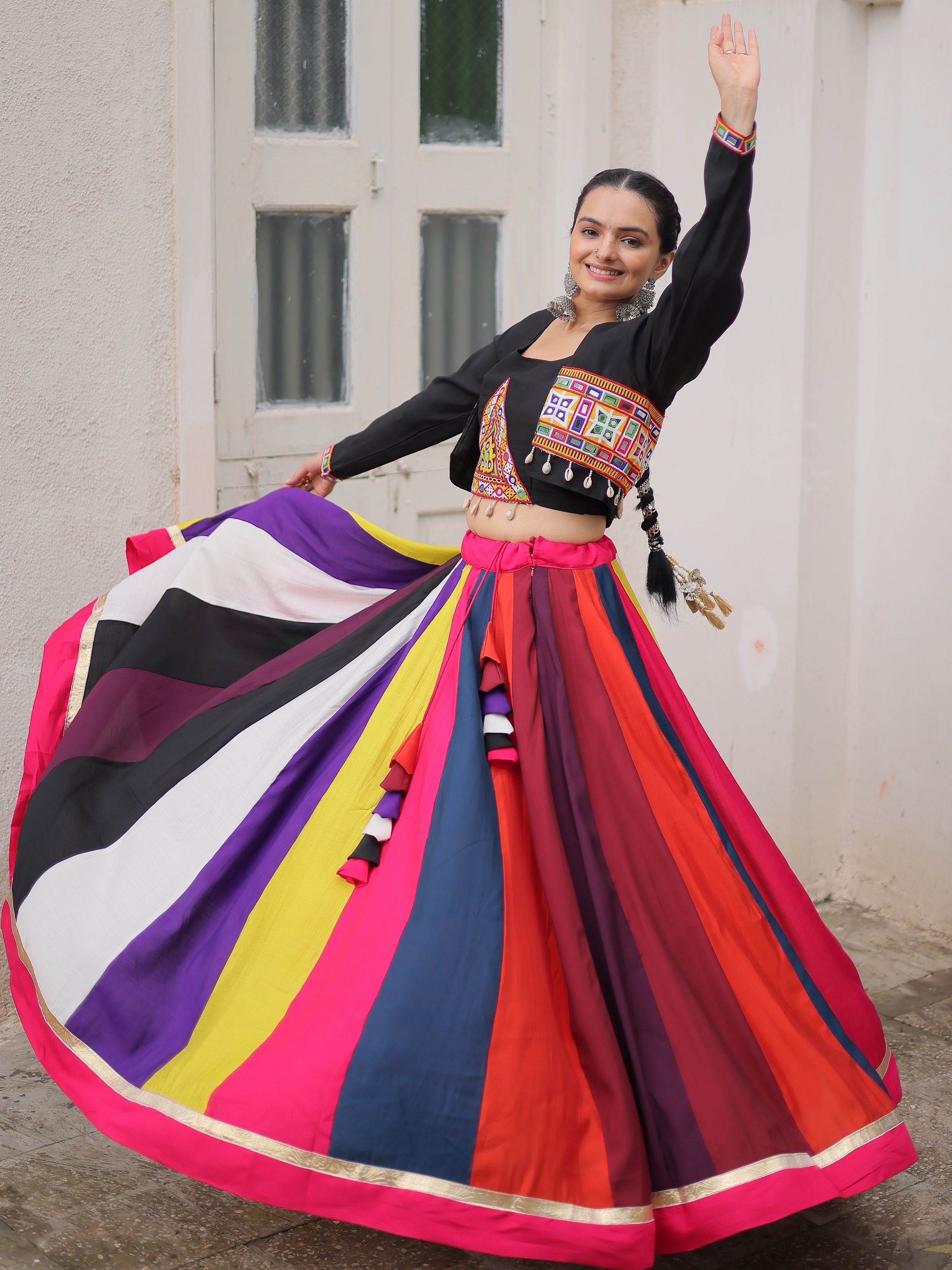 Tantalizing Multi-Color Silk Navratri Wear Lehenga Choli With Koti